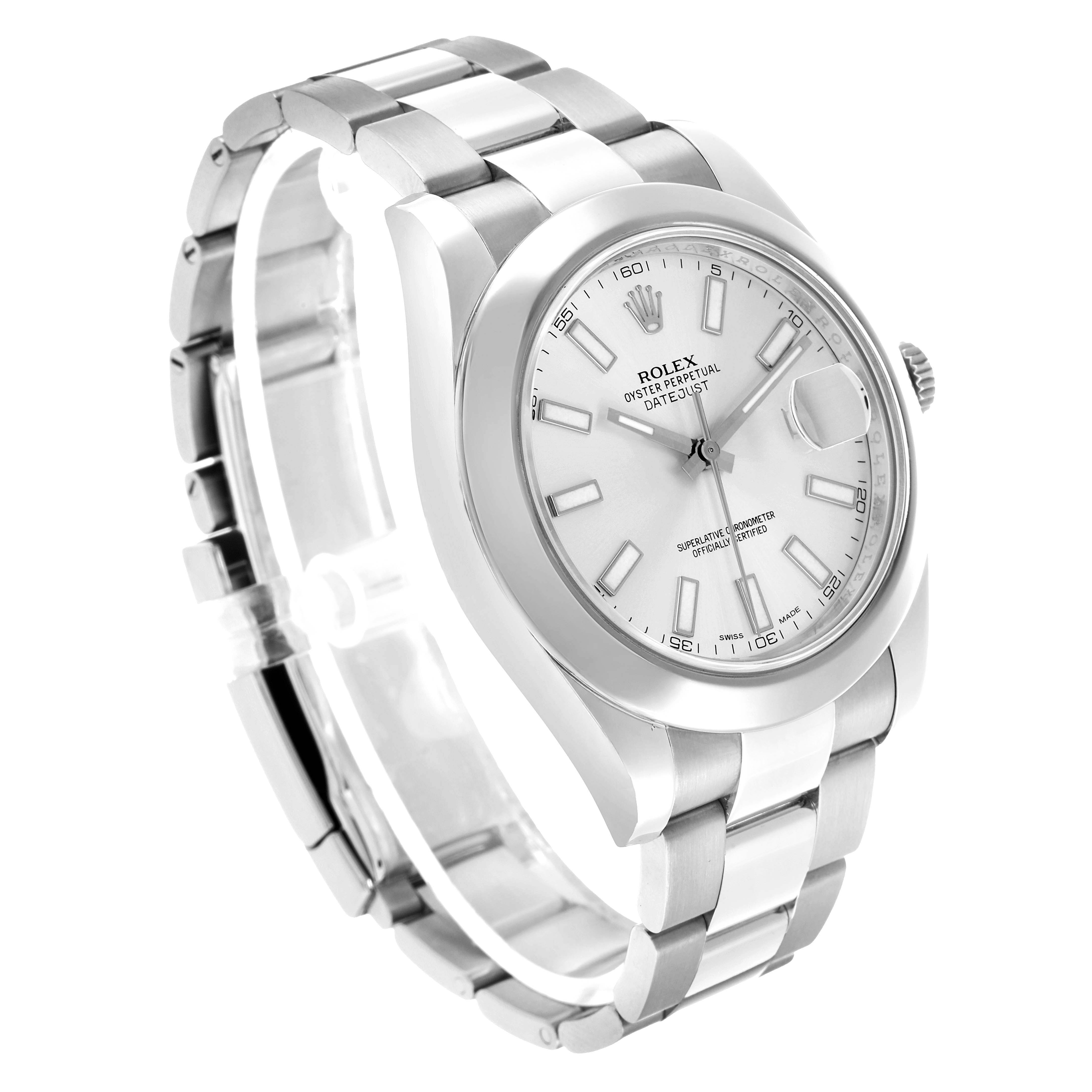 The Rolex Datejust 41 116300 Men's Stainless Steel Silver Dial is shown at a three-quarter angle, highlighting the dial, bezel, and bracelet links.