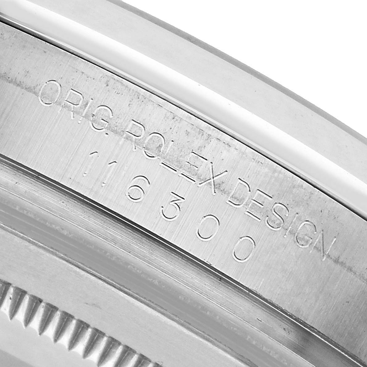 The image shows a close-up of the Rolex Datejust 41 116300 Men's Stainless Steel Silver Dial model's case side, highlighting the engraved text.