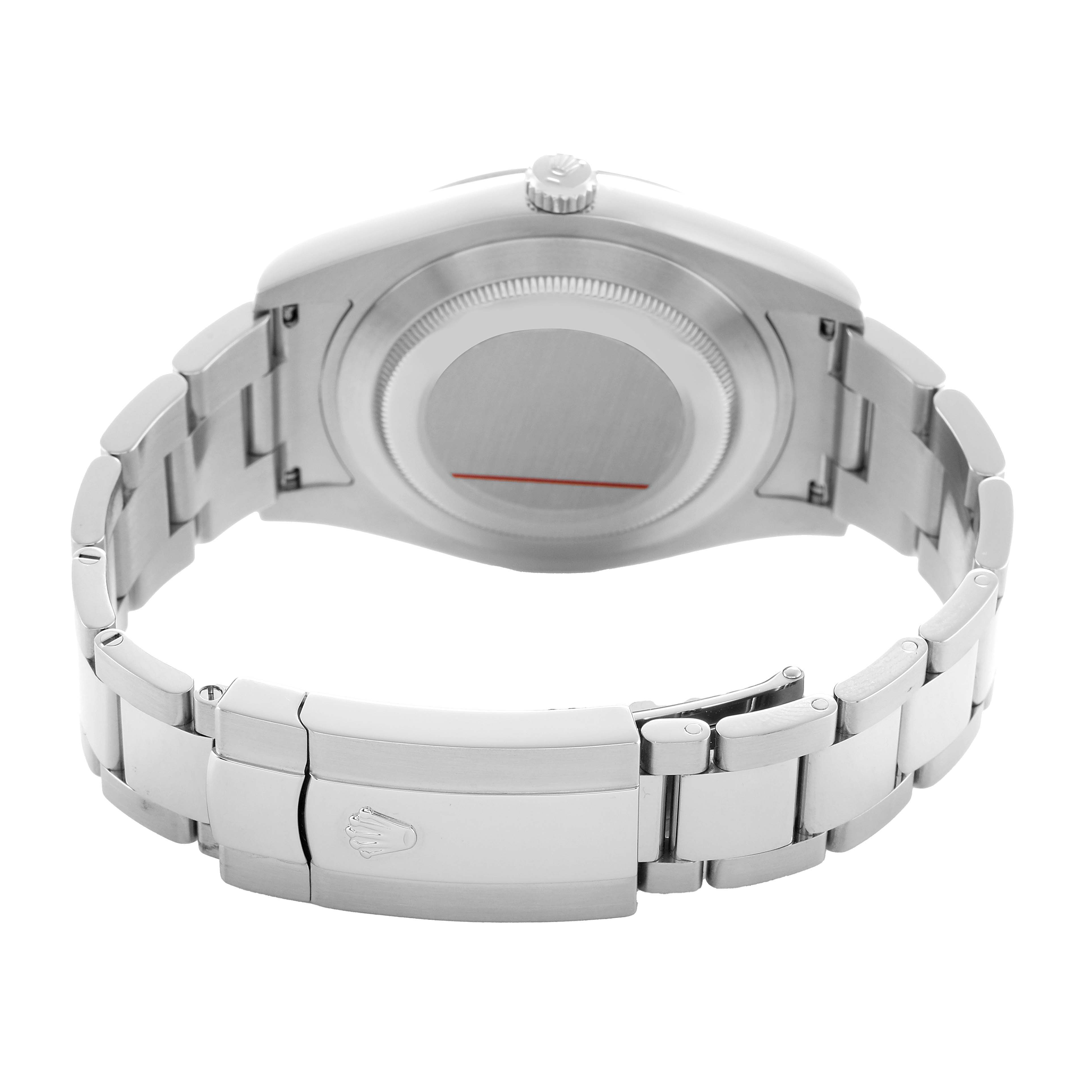 The image shows the back of the Rolex Datejust 41 116300 Men's Stainless Steel Silver Dial, highlighting its bracelet, clasp, and case back.