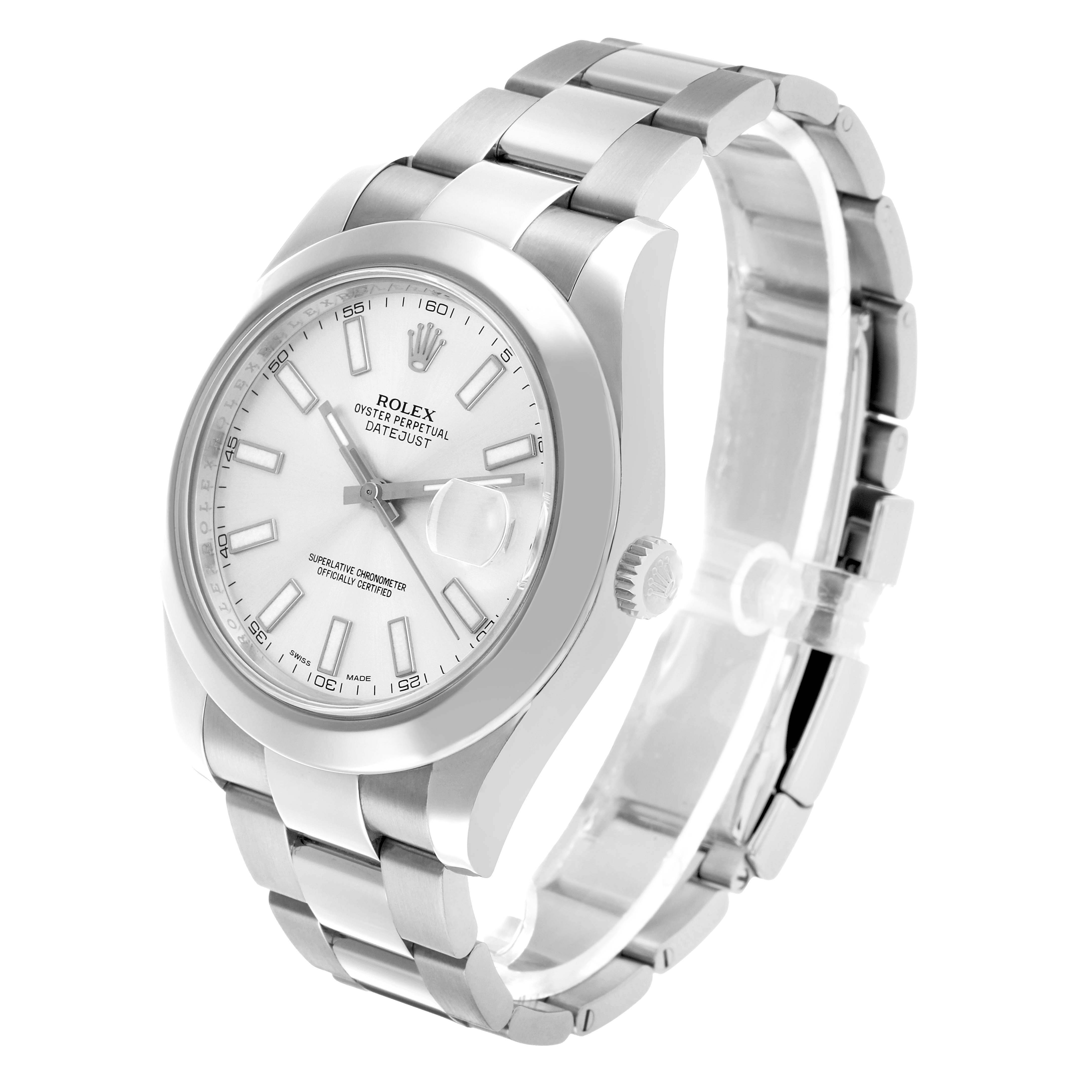 The Rolex Datejust 41 116300 Men's Stainless Steel Silver Dial is shown at an angled view, highlighting the dial, bezel, bracelet, and crown.