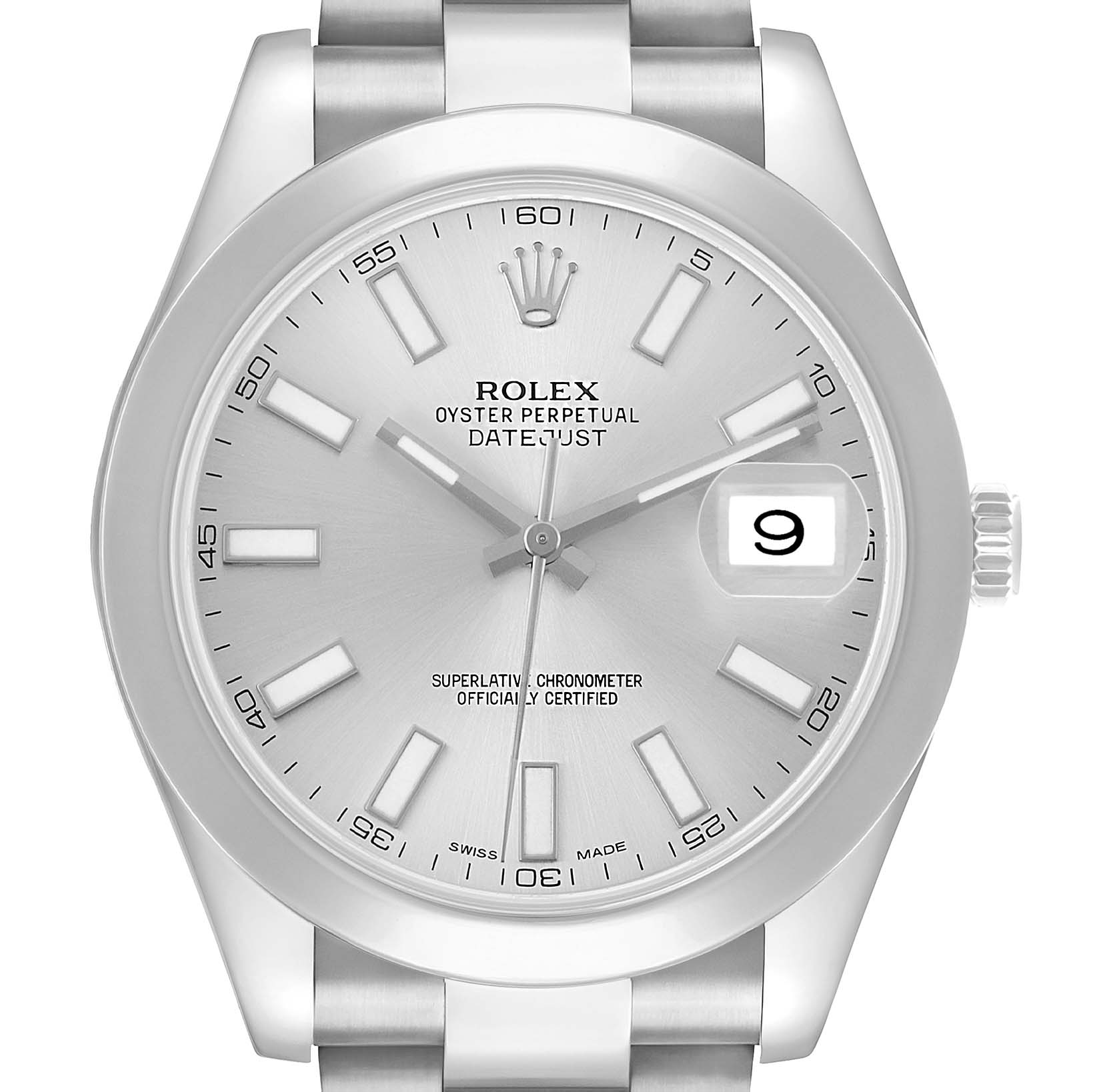 The image shows a front view of the Rolex Datejust 41 116300 Men's Stainless Steel Silver Dial, highlighting its dial, hands, markers, date window, and bracelet.
