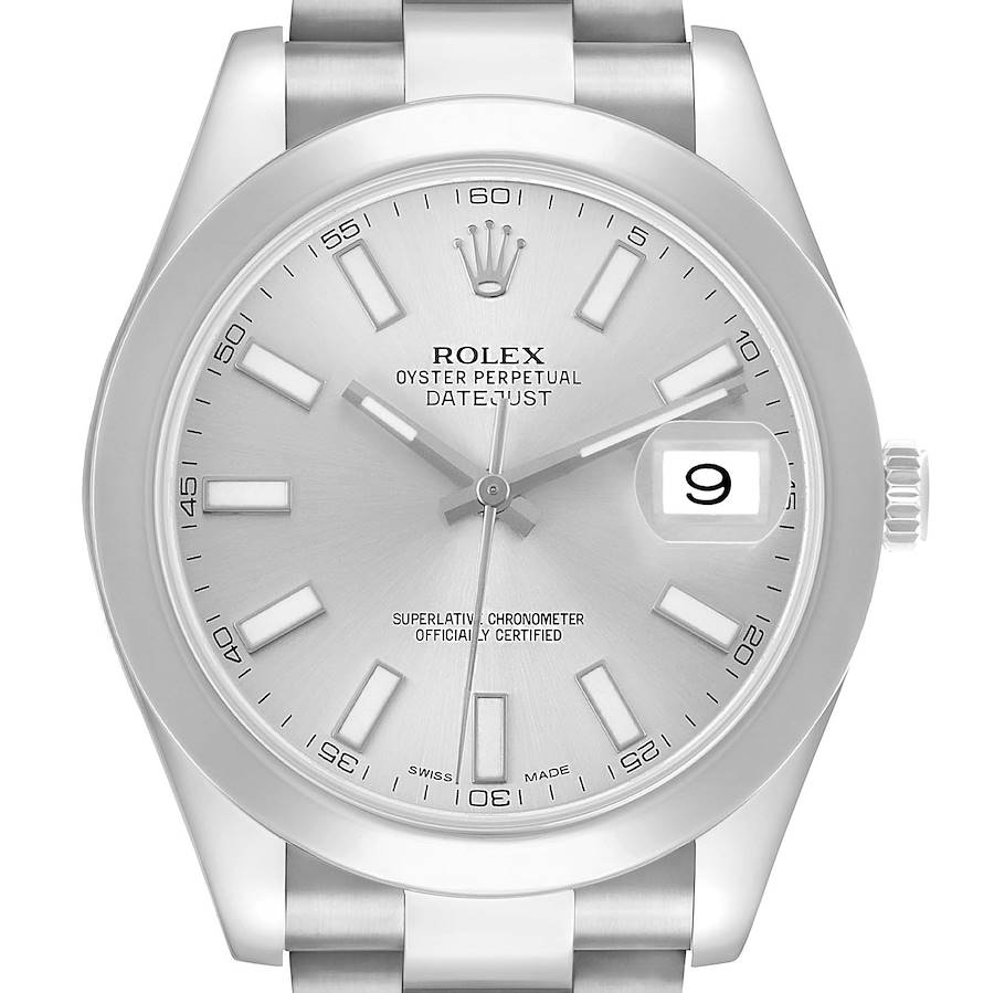 The image shows a front view of the Rolex Datejust 41 116300 Men's Stainless Steel Silver Dial, highlighting its dial, hands, markers, date window, and bracelet.