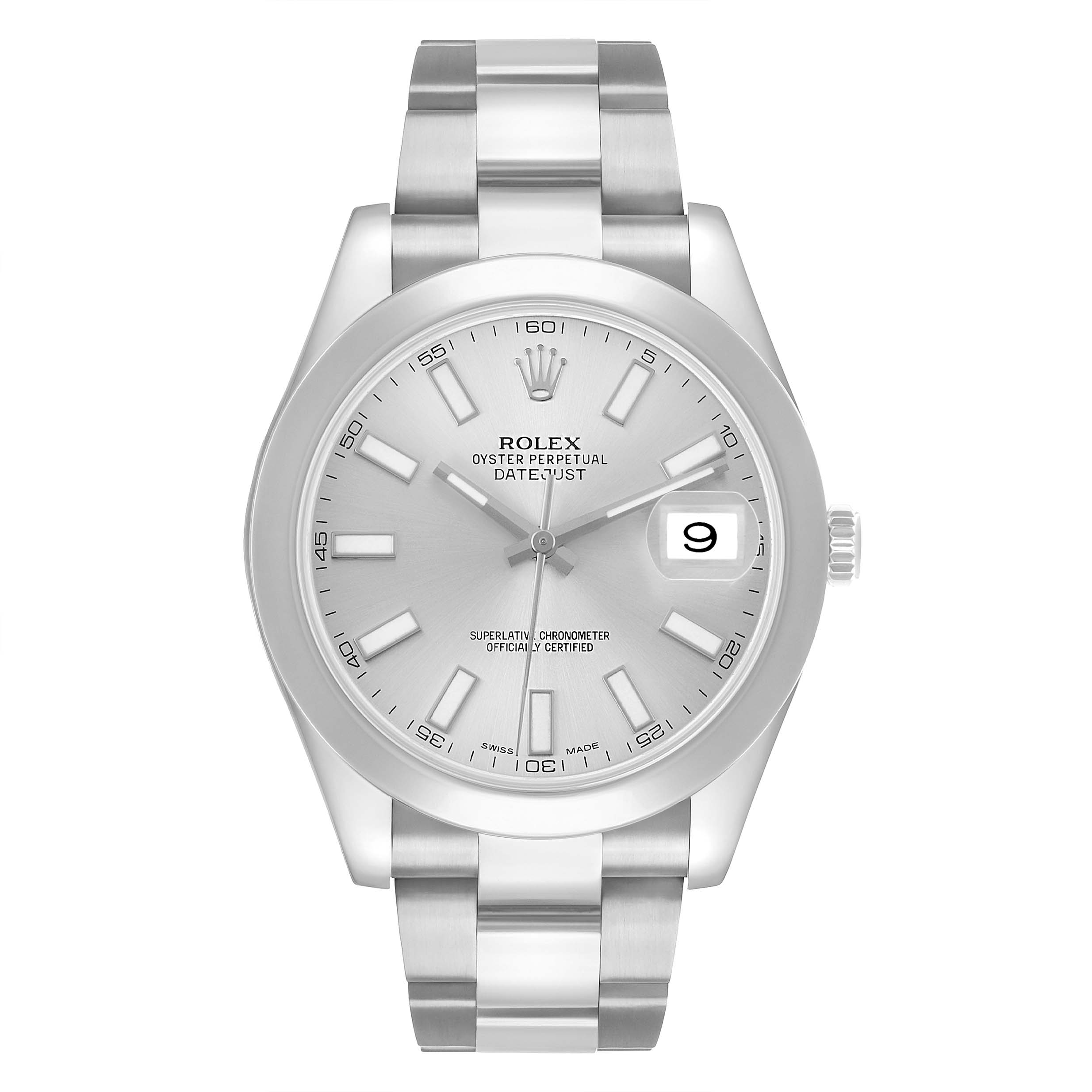 The Rolex Datejust 41 116300 Men's Stainless Steel Silver Dial watch is shown from the front, highlighting the dial, case, bracelet, and date function.