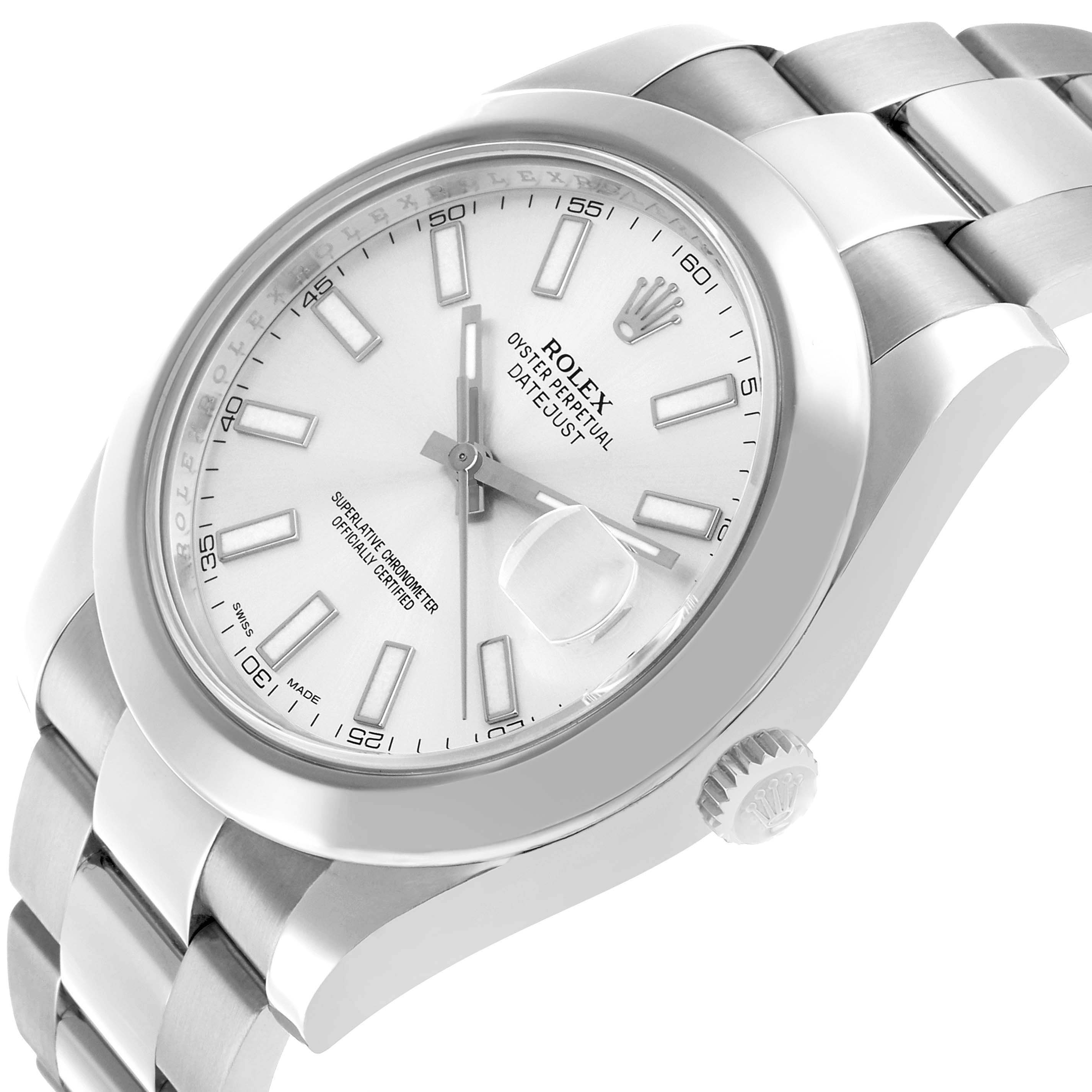 The Rolex Datejust 41 116300 Men's Stainless Steel Silver Dial is shown from a side angle highlighting the face, crown, and part of the bracelet.