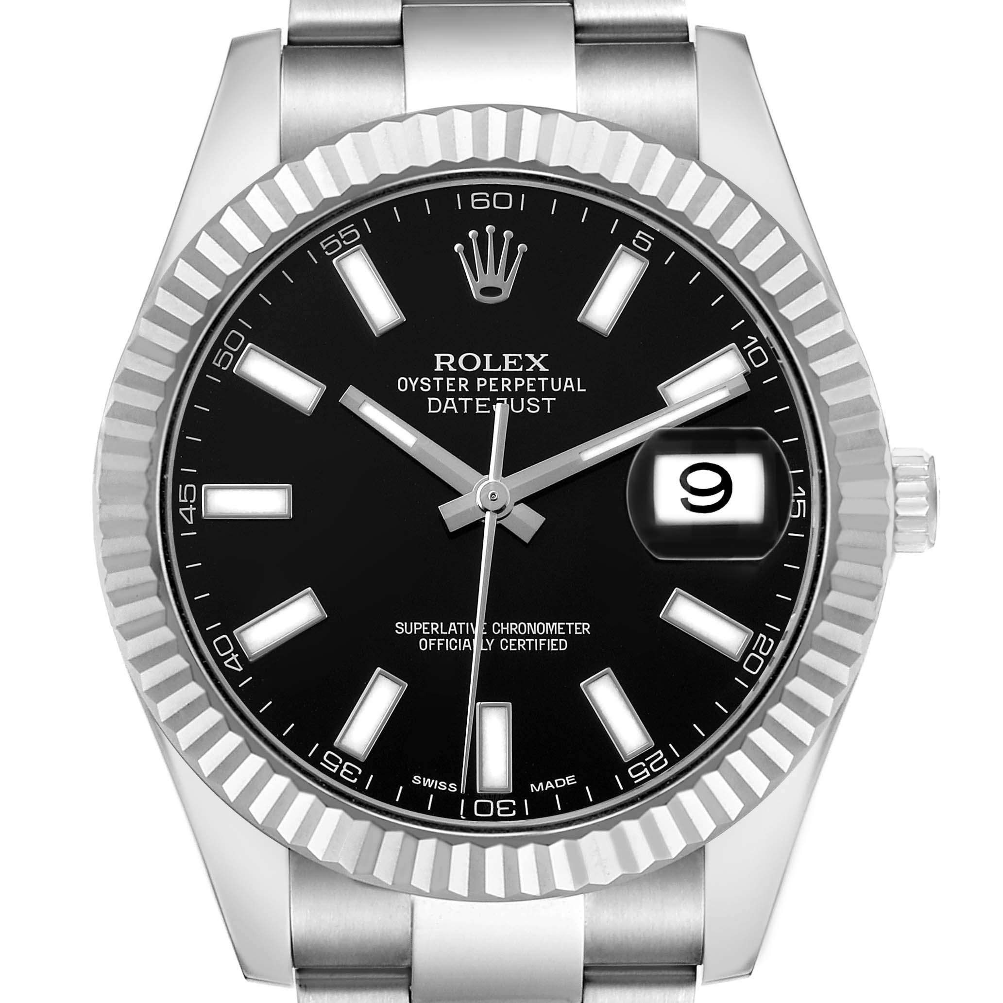 The Rolex Datejust 41 116334 Men's Stainless Steel Black Dial is shown from the front, displaying its dial, bezel, markers, hands, bracelet, and date window.