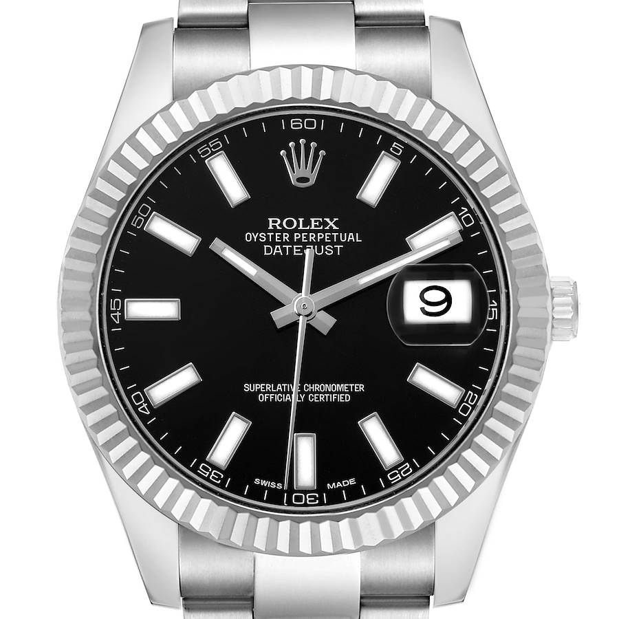 The Rolex Datejust 41 116334 Men's Stainless Steel Black Dial is shown from the front, displaying its dial, bezel, markers, hands, bracelet, and date window.