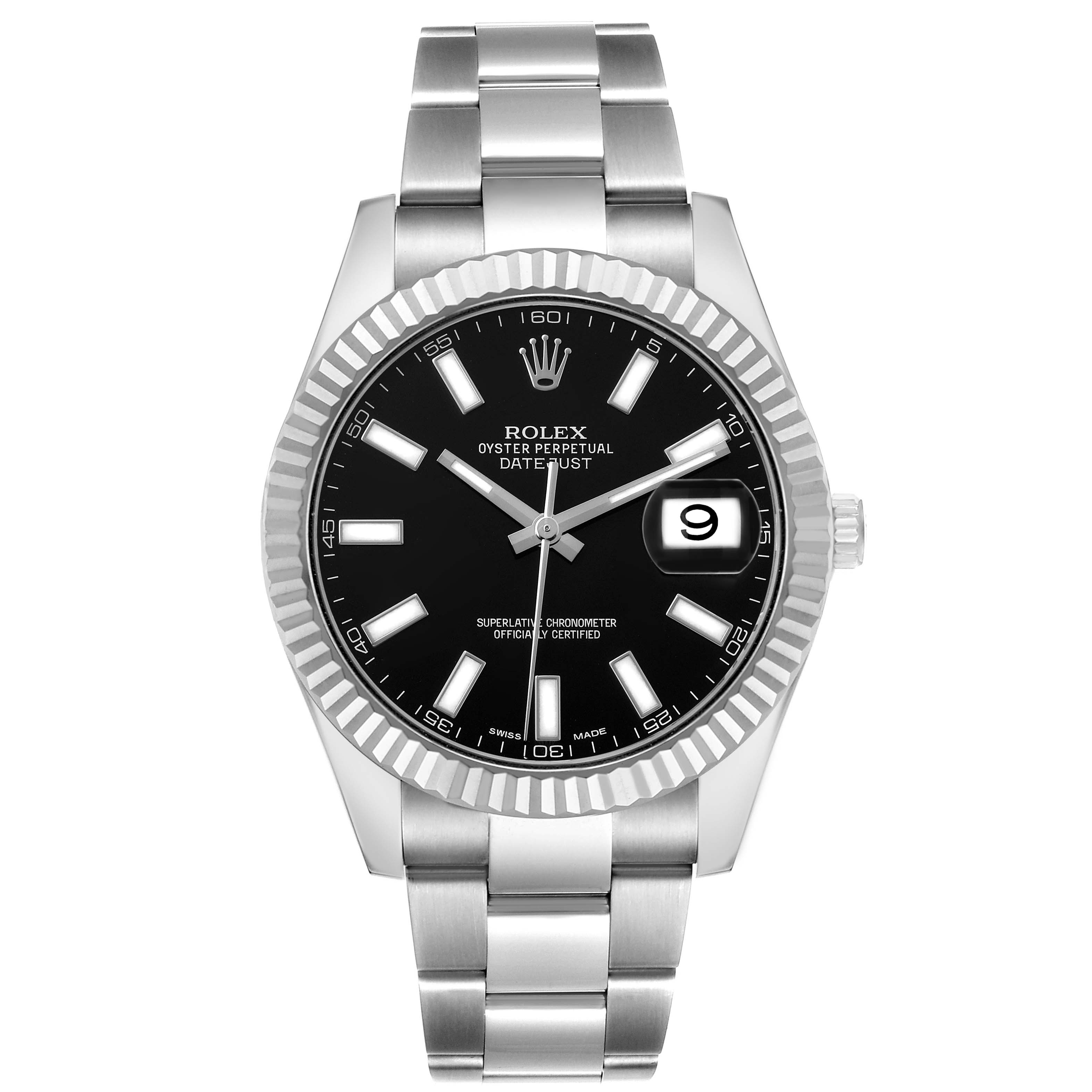 The Rolex Datejust 41 116334 Men's Stainless Steel Black Dial is shown from a front angle, highlighting the bezel, dial, bracelet, and date display.