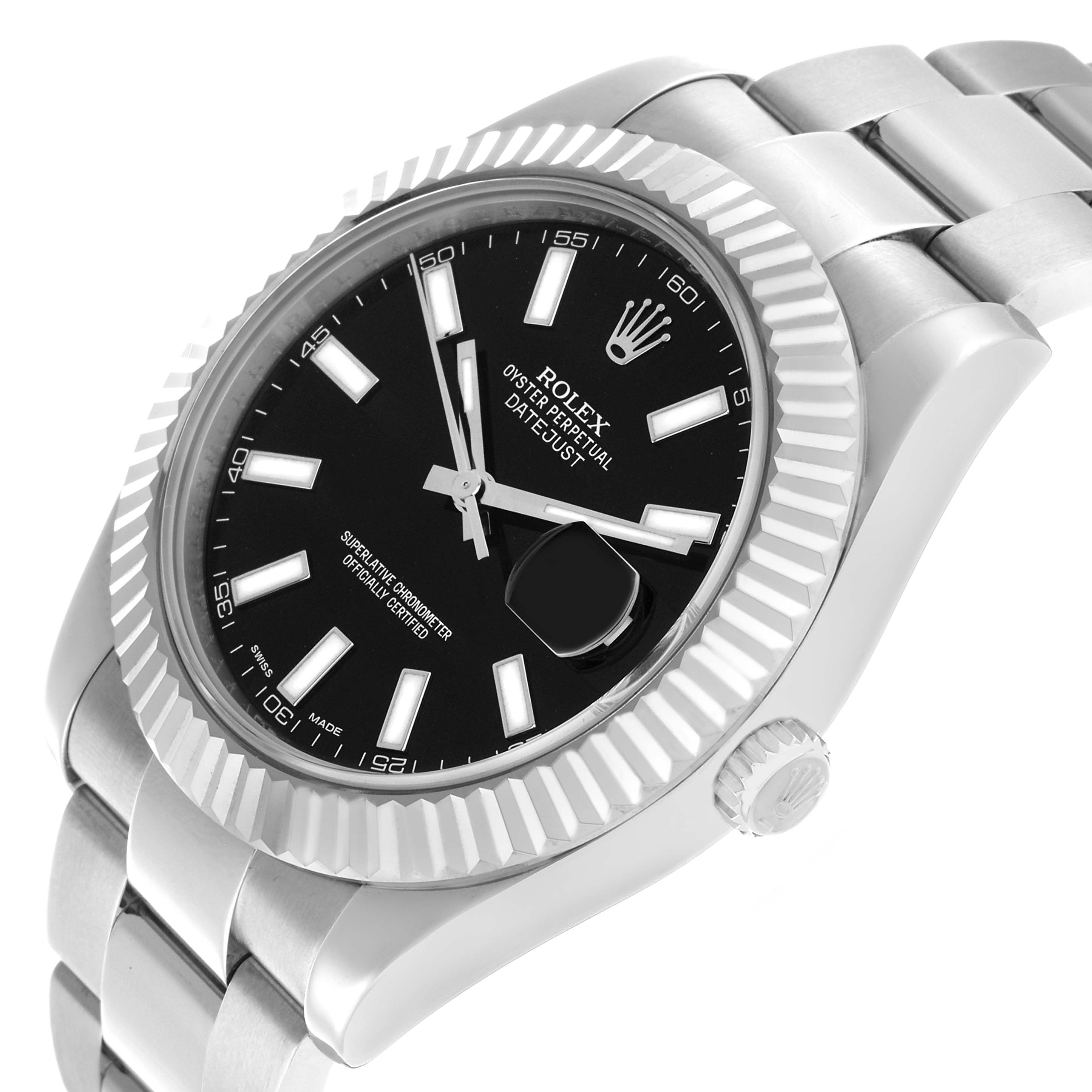 The Rolex Datejust 41 116334 Men's Stainless Steel Black Dial is shown at an angled side view, highlighting its bezel, dial, and bracelet.