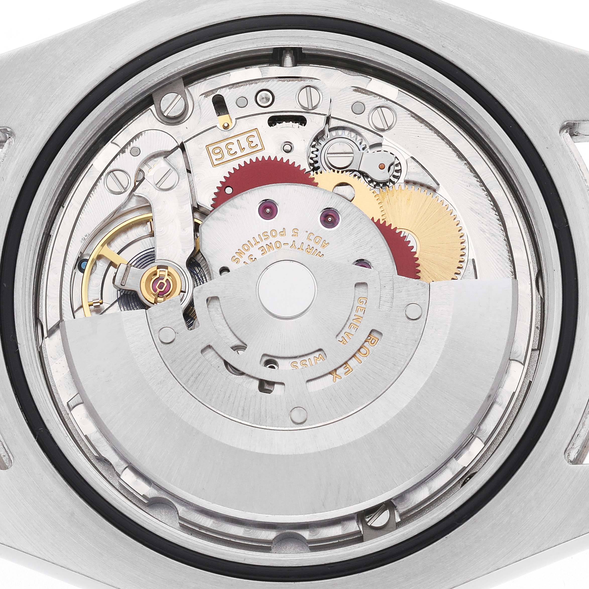 The image shows the internal movement of a Rolex Datejust 41 116334 Men's Stainless Steel Black Dial, viewed from the back casing.