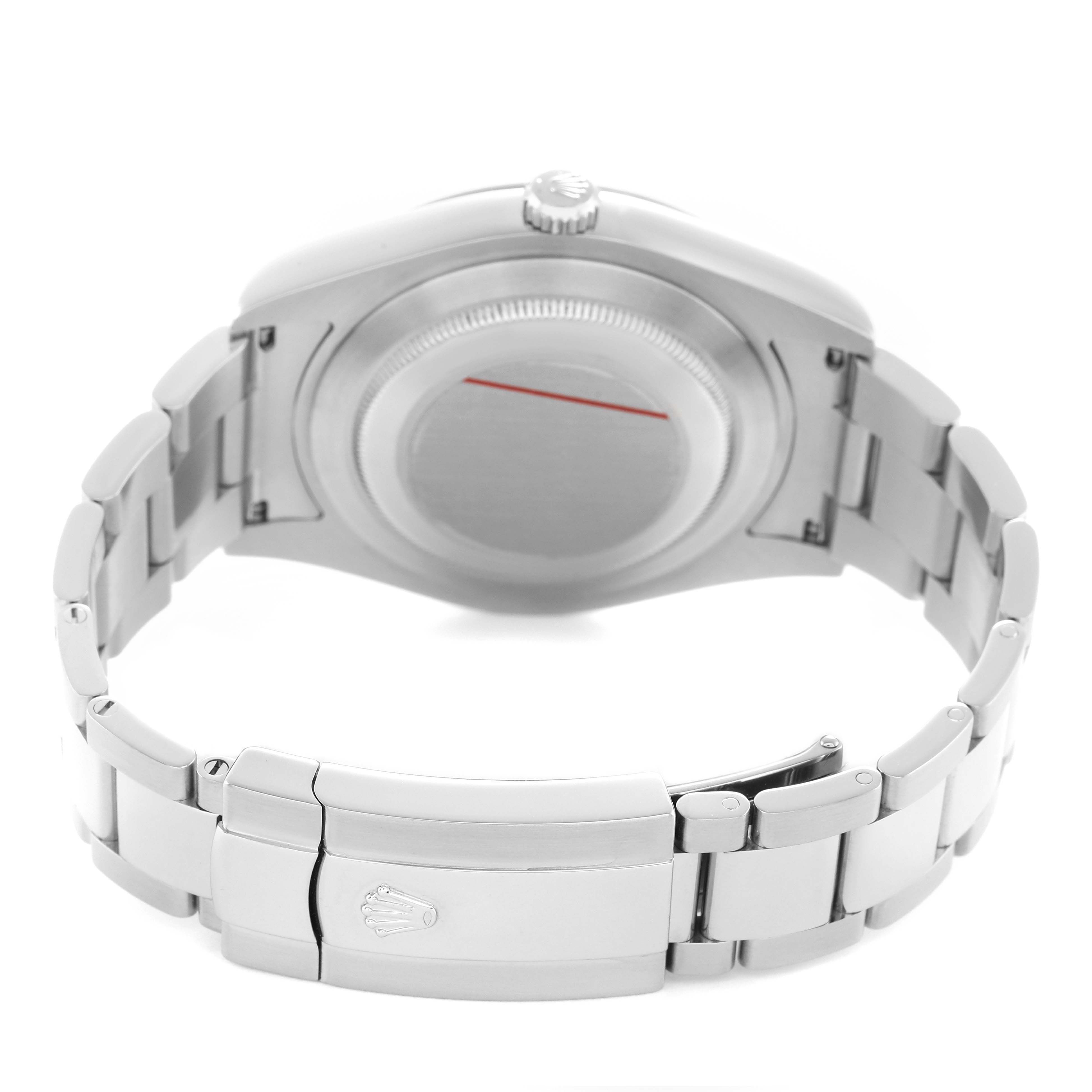 The image shows the back side and clasp of a Rolex Datejust 41 116334 Men's Stainless Steel Black Dial, focusing on the bracelet and watch back.