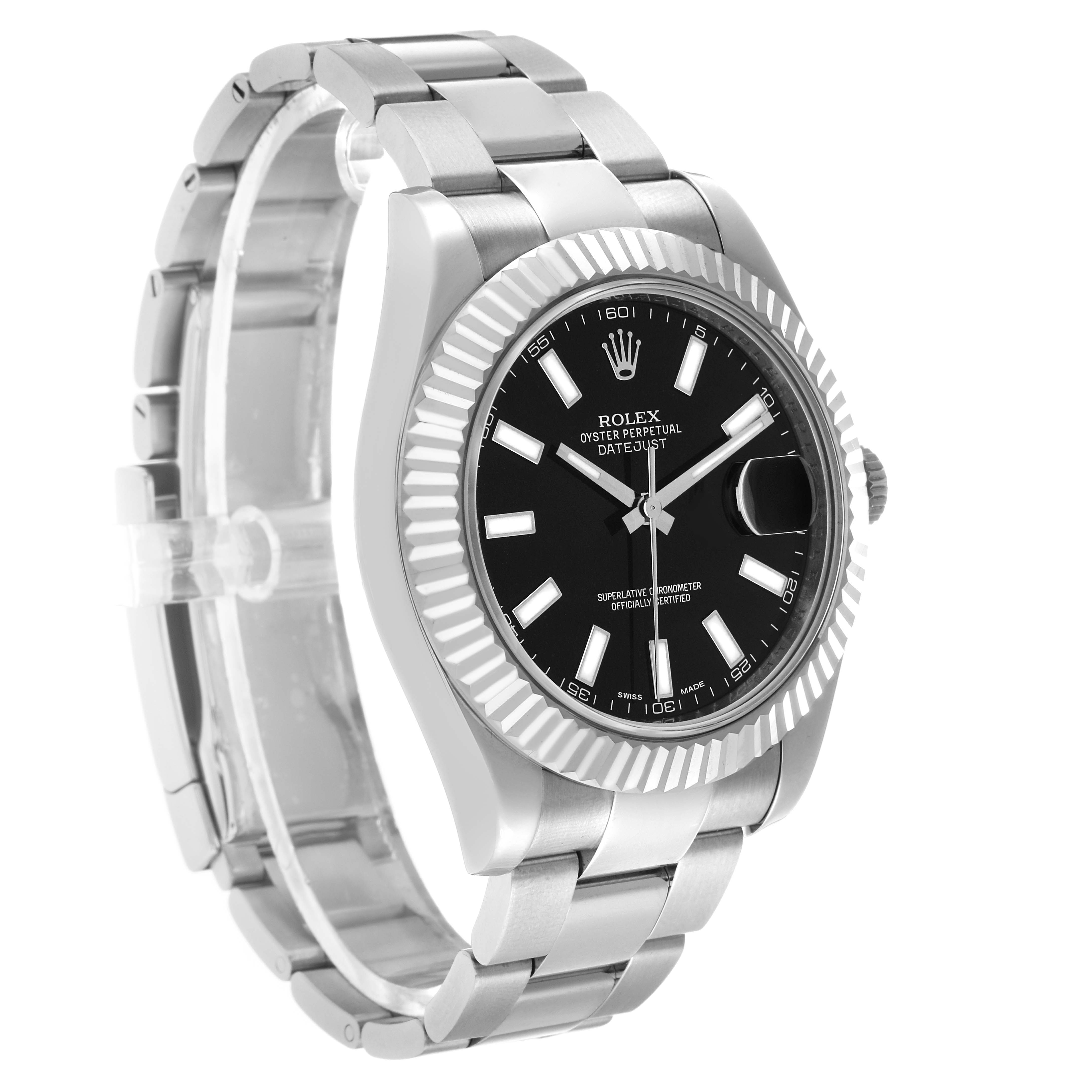 The Rolex Datejust 41 116334 Men's Stainless Steel Black Dial is shown at a slight angle from the front, displaying the bracelet, bezel, dial, and crown.
