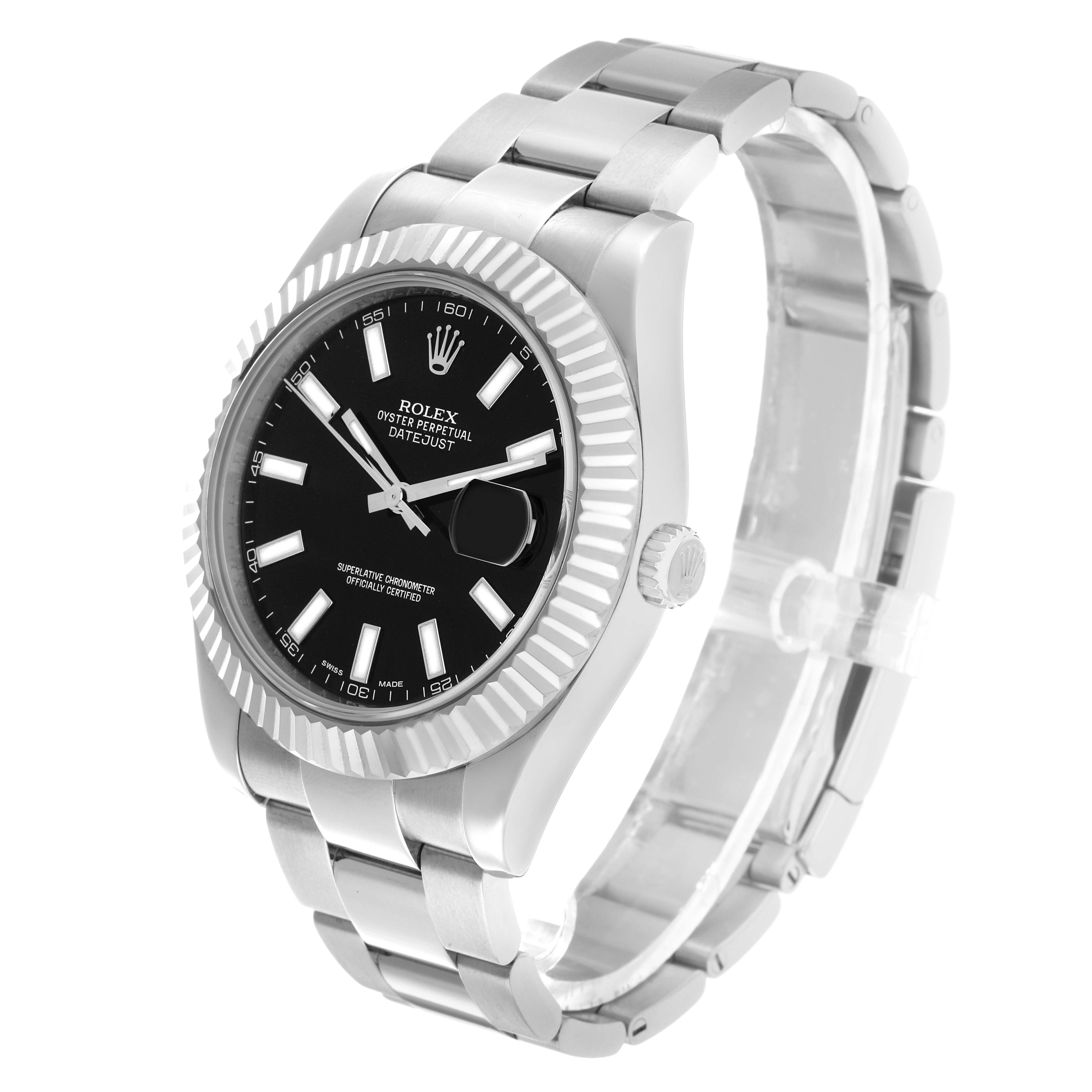The Rolex Datejust 41 116334 Men's Stainless Steel Black Dial is shown at a three-quarter angle, displaying the dial, fluted bezel, bracelet, and crown.