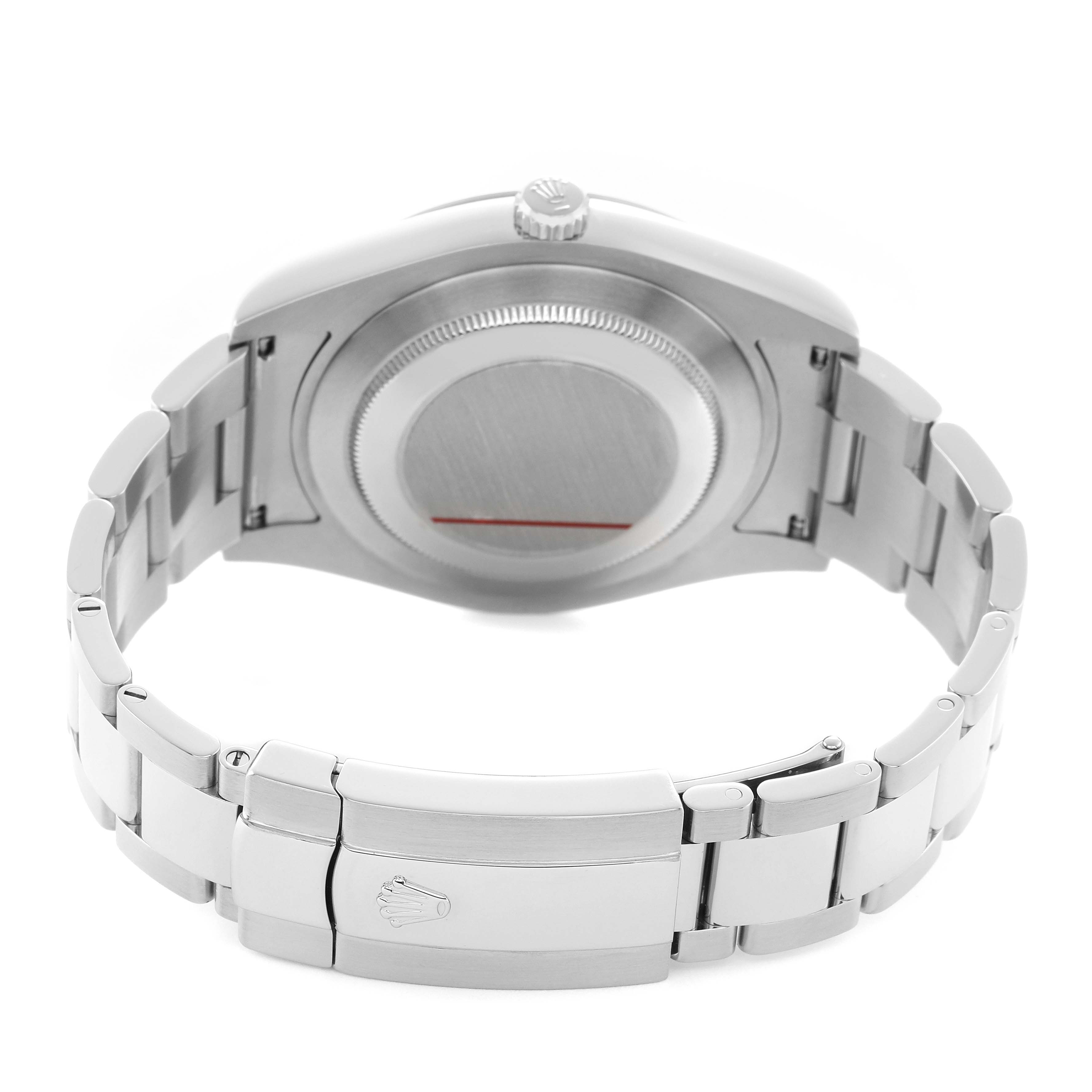 The Rolex Datejust 41 116334 Men's Stainless Steel Silver Dial is shown from a rear angle, highlighting the clasp, bracelet, and case back.