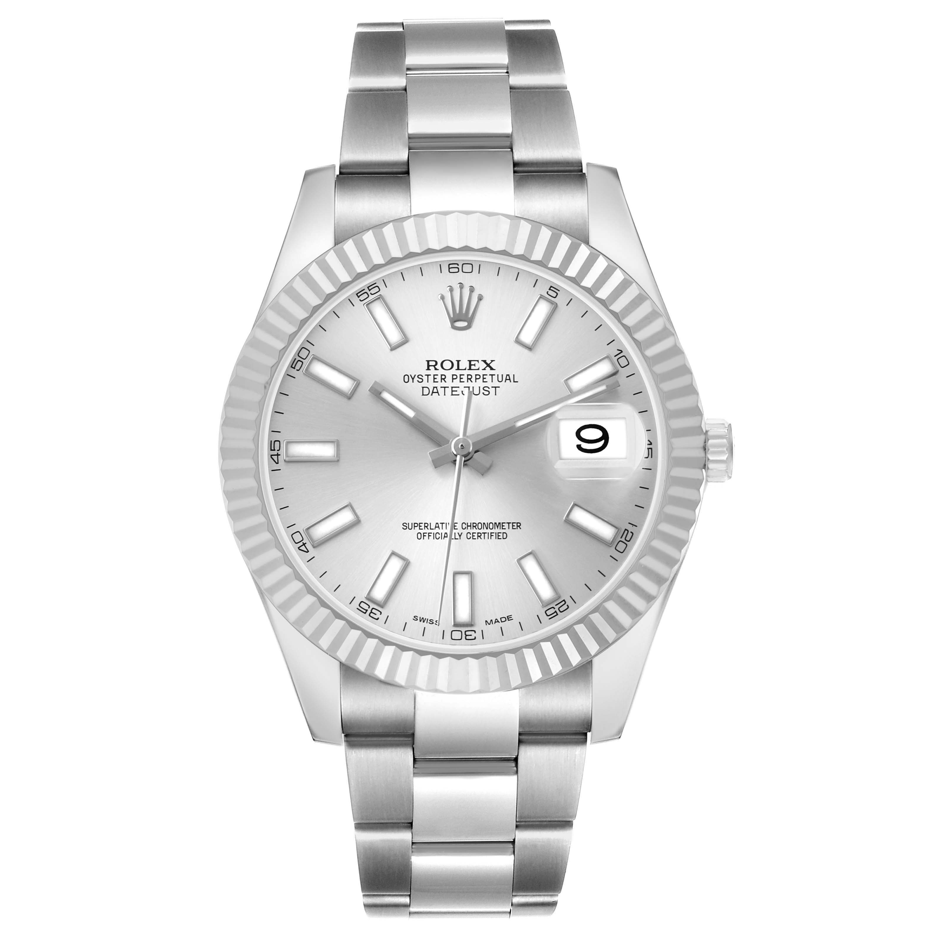 The Rolex Datejust 41 116334 Men's Stainless Steel Silver Dial is shown from a front angle, displaying the dial, bezel, hands, and bracelet.
