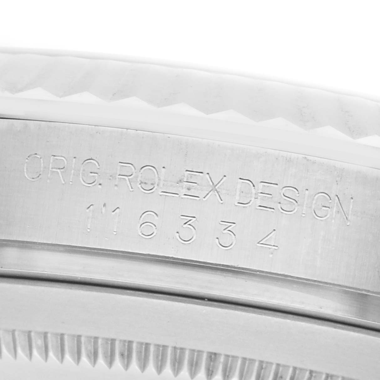 The image shows a close-up of the side and bezel of the Rolex Datejust 41 116334 Men's Stainless Steel Silver Dial, highlighting the engraved model number.