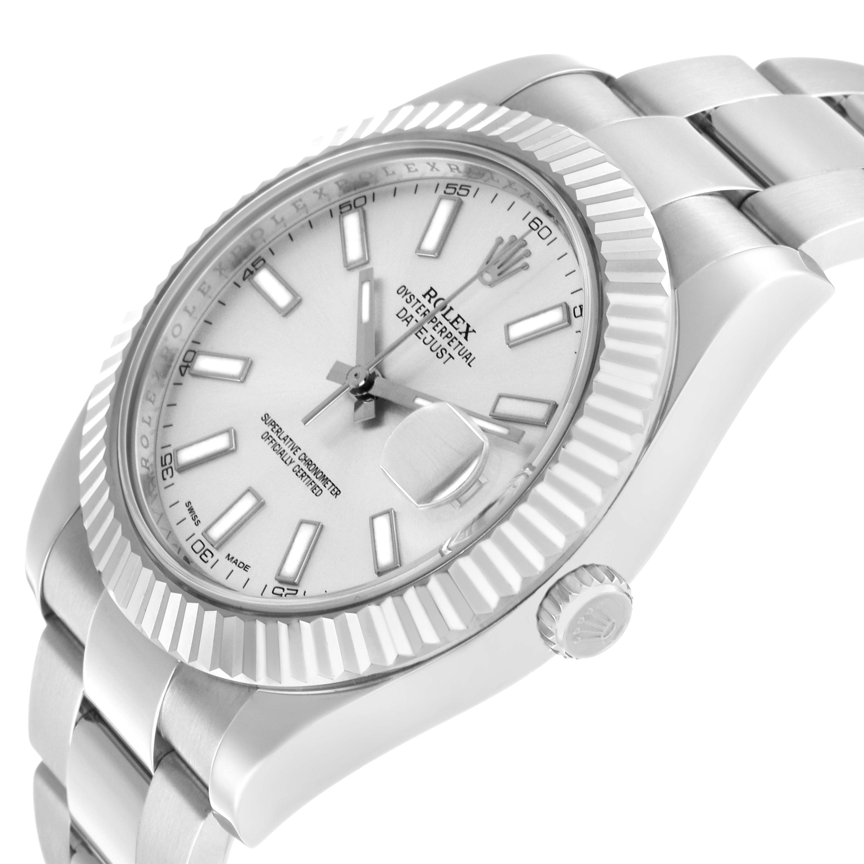 The Rolex Datejust 41 116334 Men's Stainless Steel Silver Dial is shown at an angled side view highlighting the dial, bezel, crown, and part of the bracelet.