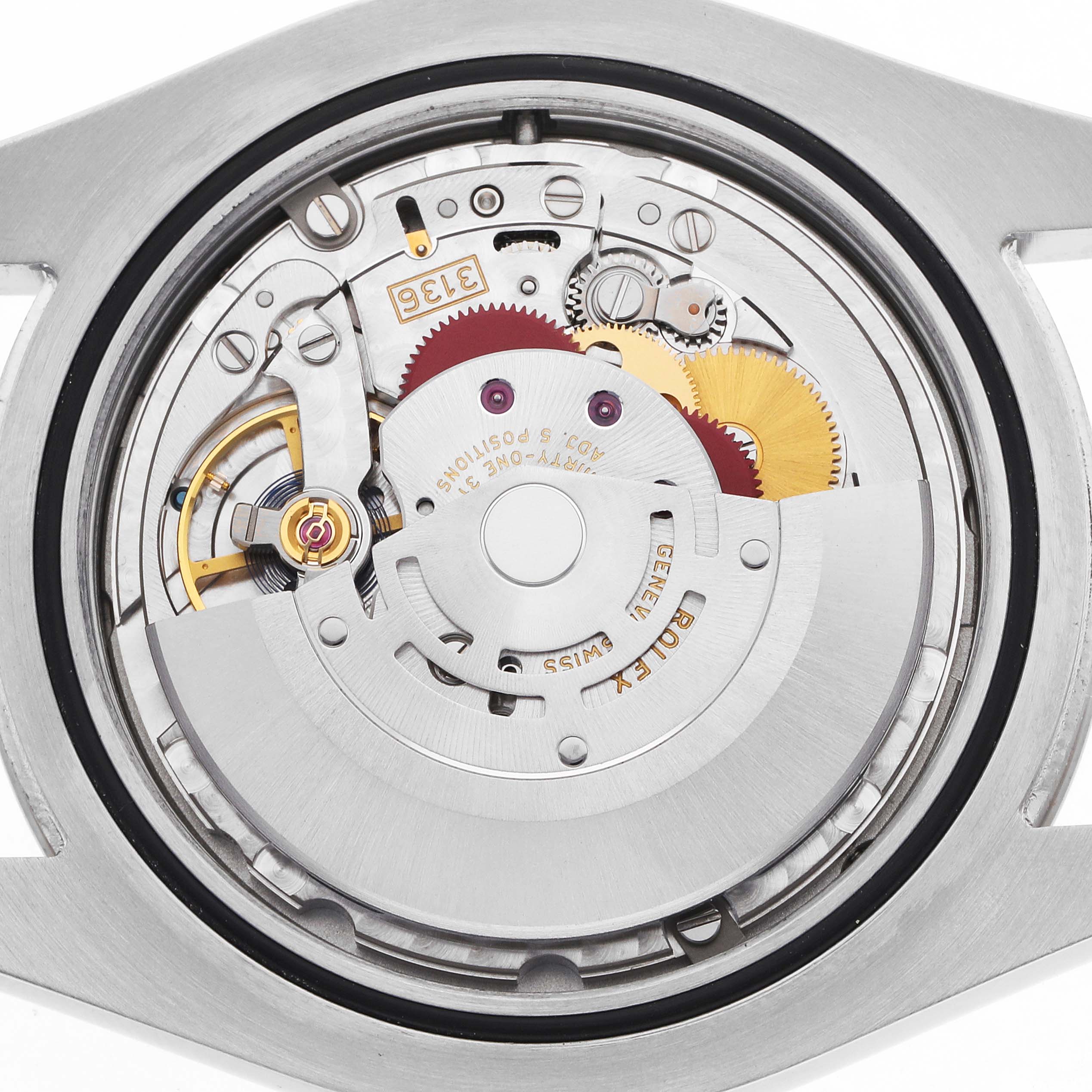 The image shows the internal movement mechanism of a Rolex Datejust 41 116334 Men's Stainless Steel Silver Dial from a top-down angle.