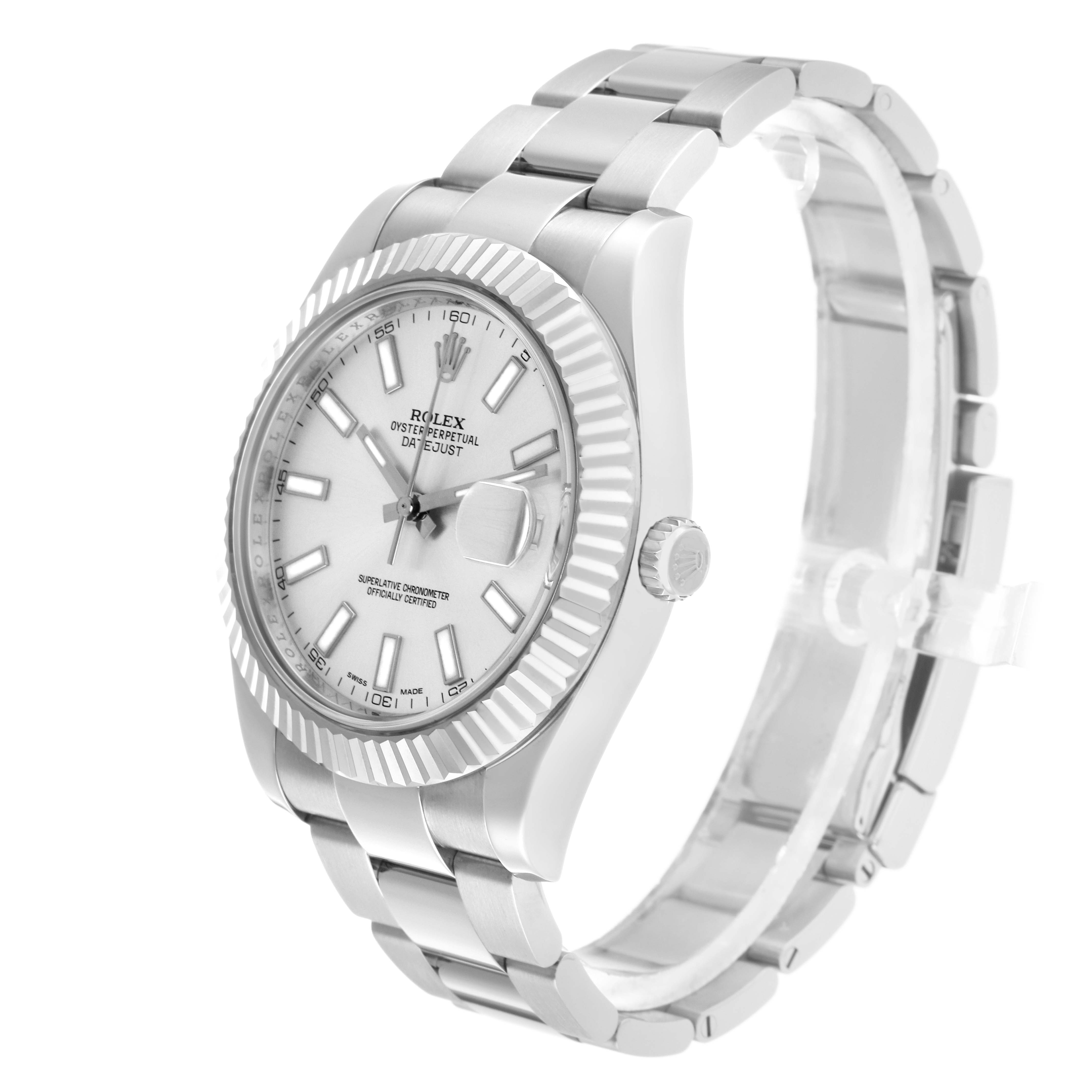 The Rolex Datejust 41 116334 Men's Stainless Steel Silver Dial is shown at a slight angle displaying its dial, fluted bezel, bracelet, and crown.