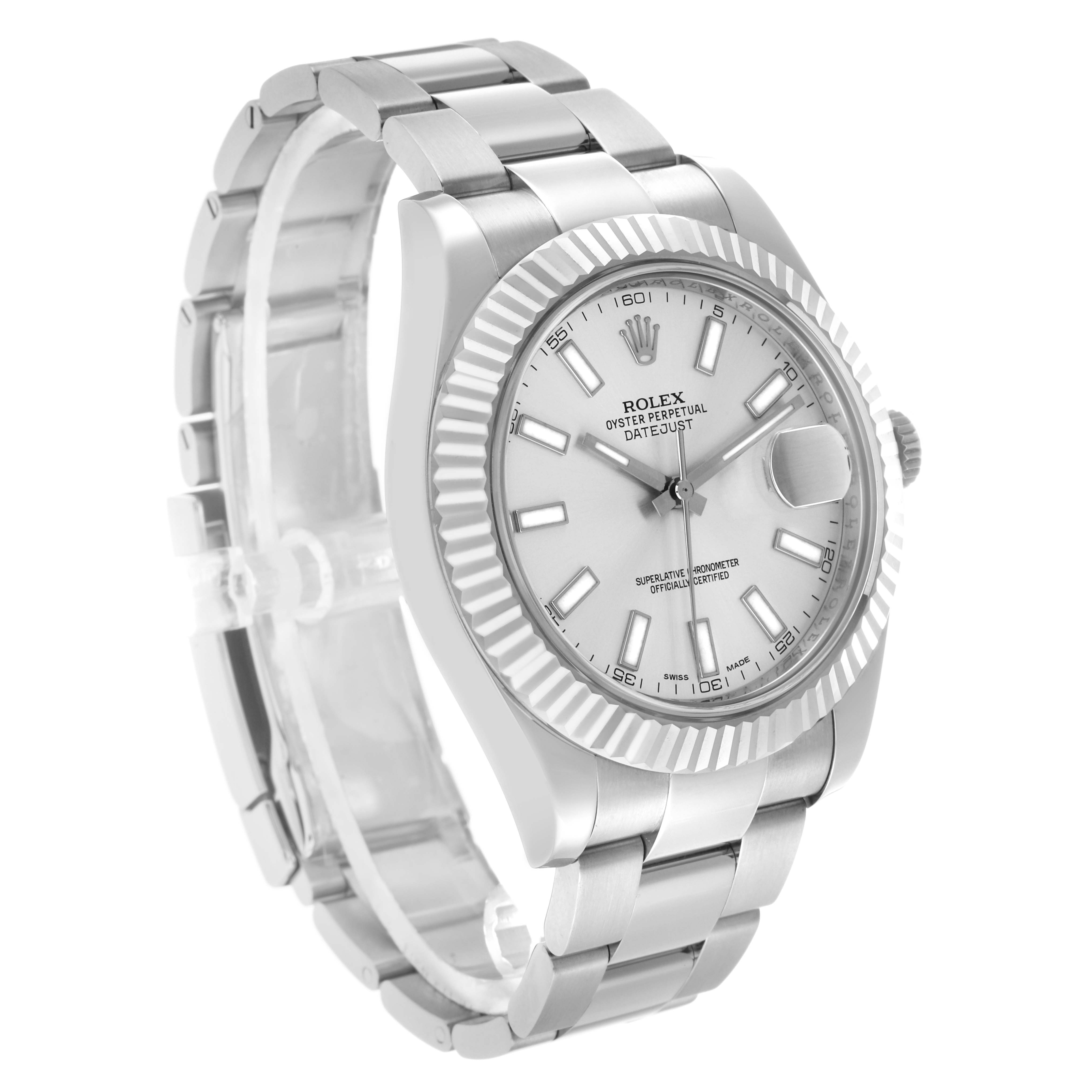 The Rolex Datejust 41 116334 Men's Stainless Steel Silver Dial is shown at a slight angle, highlighting the face, bezel, and bracelet.