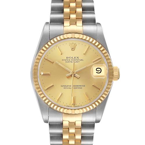 The Rolex Mid-Size 68273 Women's Steel and Gold (two tone) Champagne Dial watch is shown from a top view, displaying the face, bezel, and bracelet.