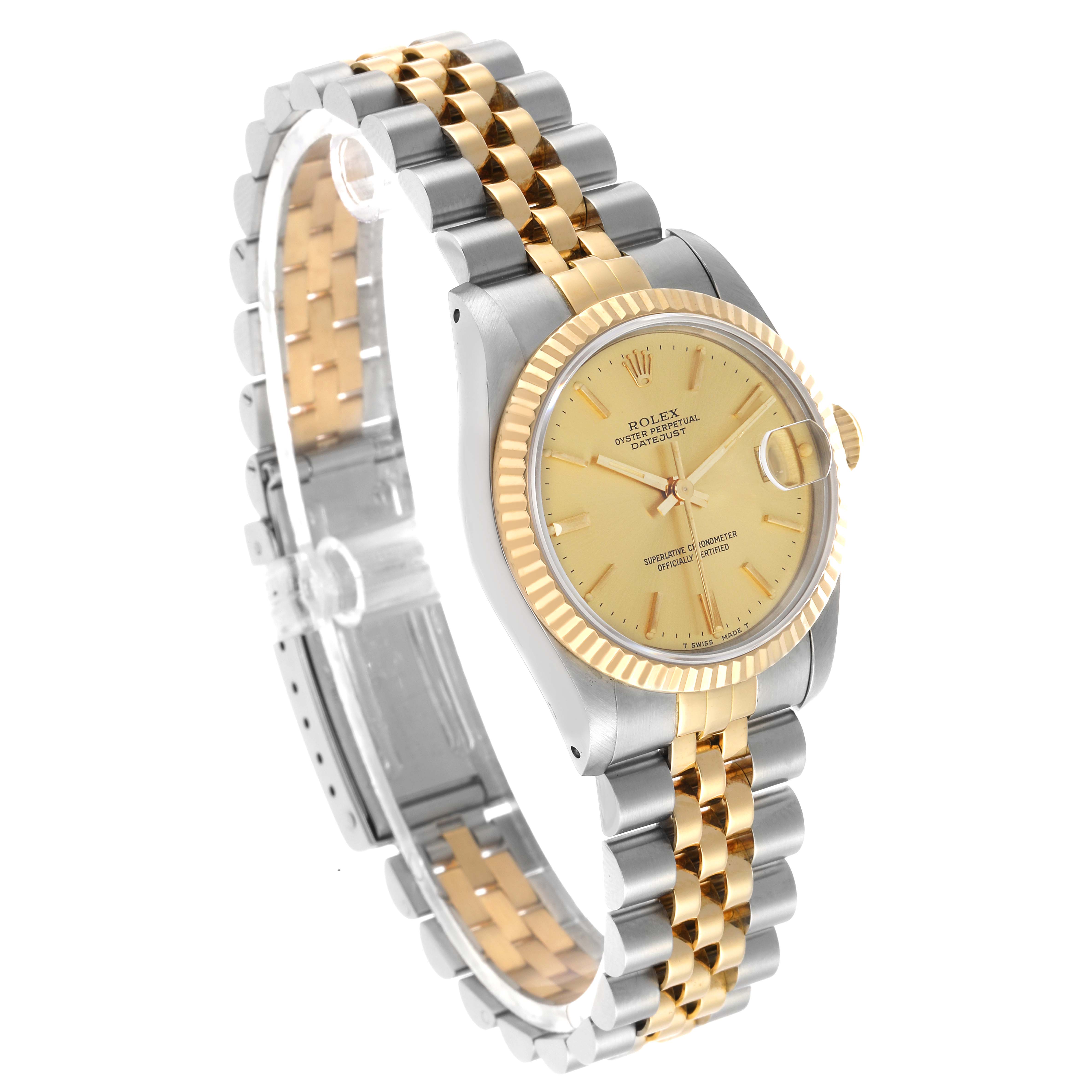 The Rolex Mid-Size 68273 Women's Steel and Gold (two tone) Champagne Dial model is shown at a three-quarter angle, highlighting the dial, bezel, case, and bracelet.