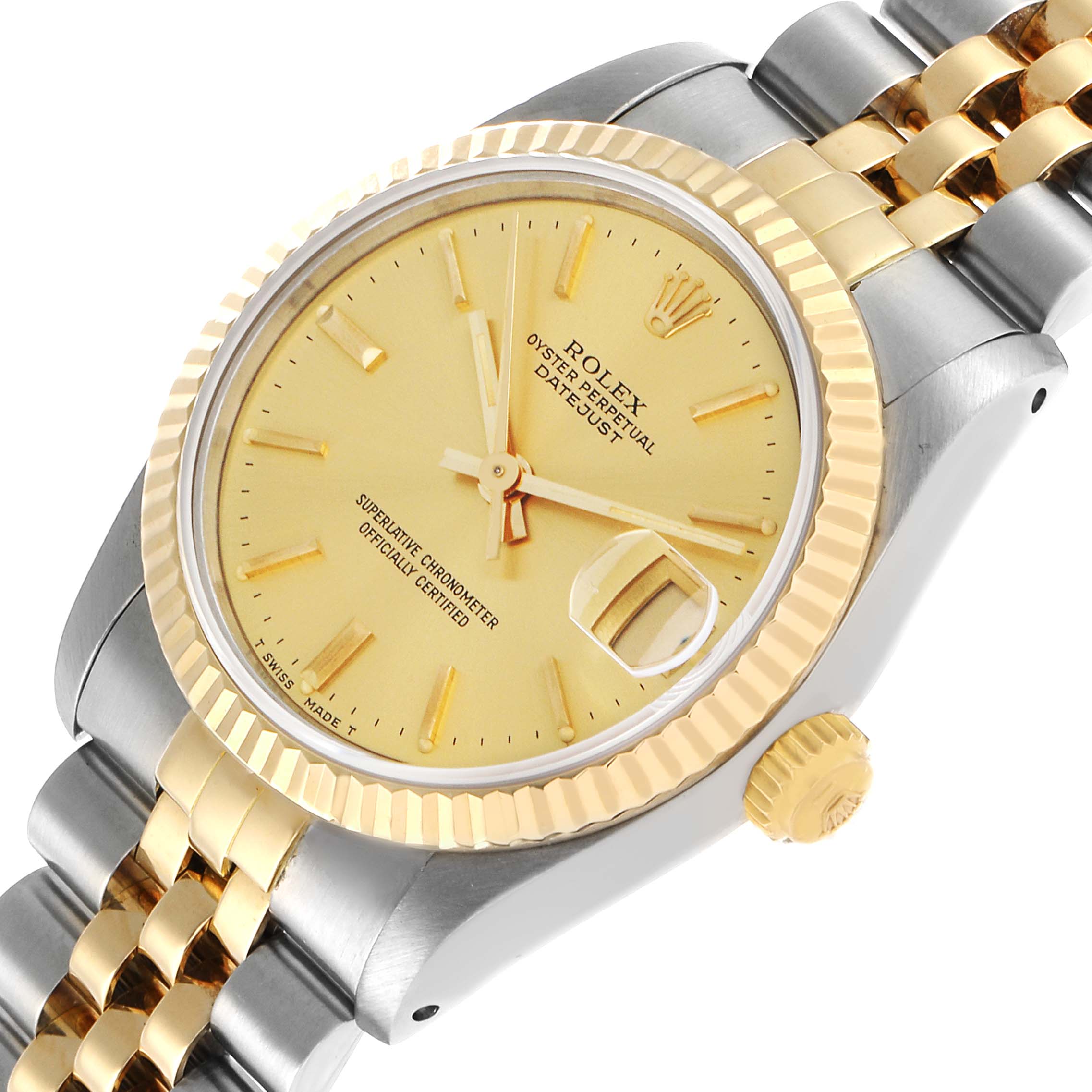 The Rolex Mid-Size 68273 Women's Steel and Gold (two tone) Champagne Dial watch is shown at a slight angle, displaying the gold and silver bracelet, fluted bezel, dial, and crown.