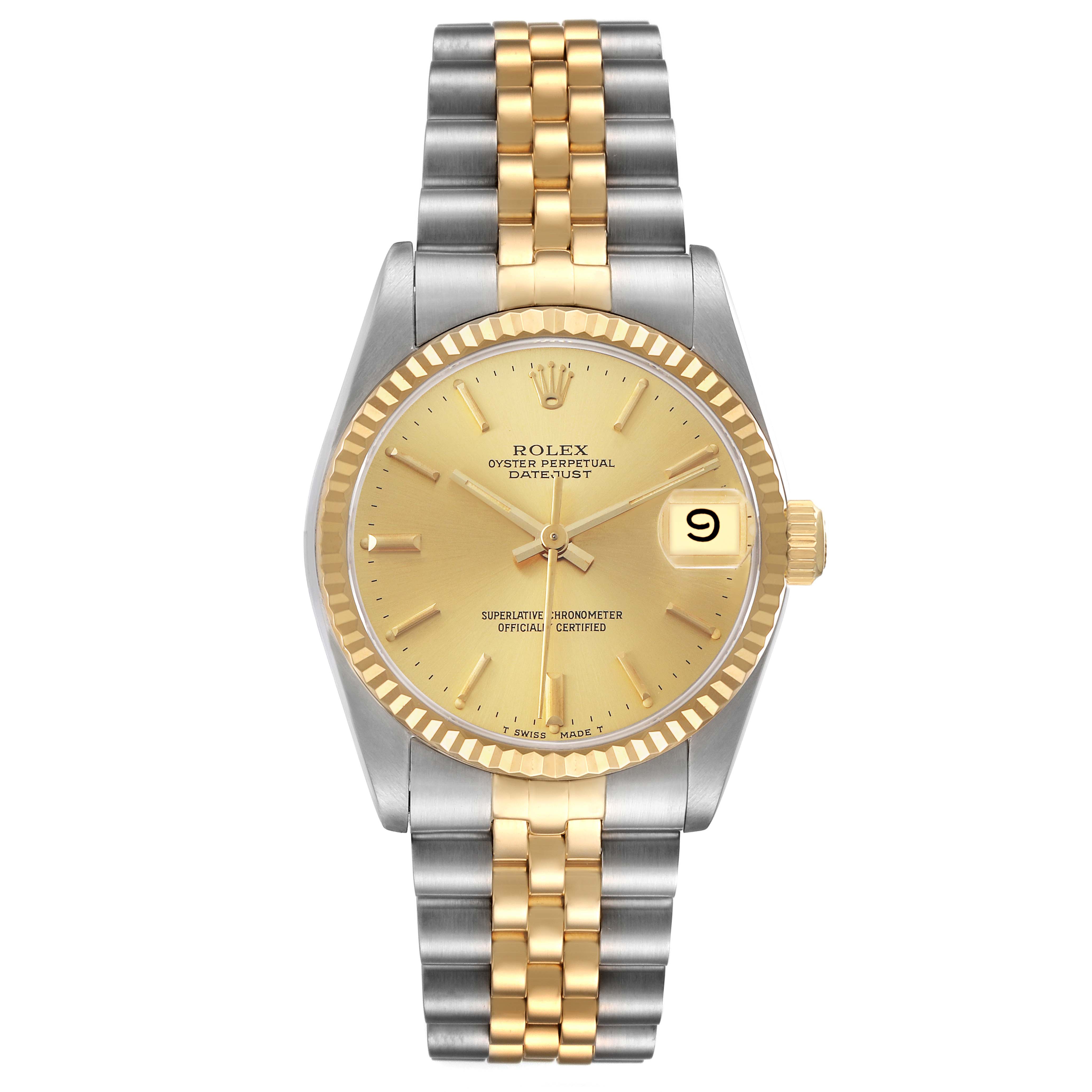 The Rolex Mid-Size 68273 Women's Steel and Gold (two tone) Champagne Dial watch is shown from a front angle, displaying its gold dial, date function, and two-tone bracelet.