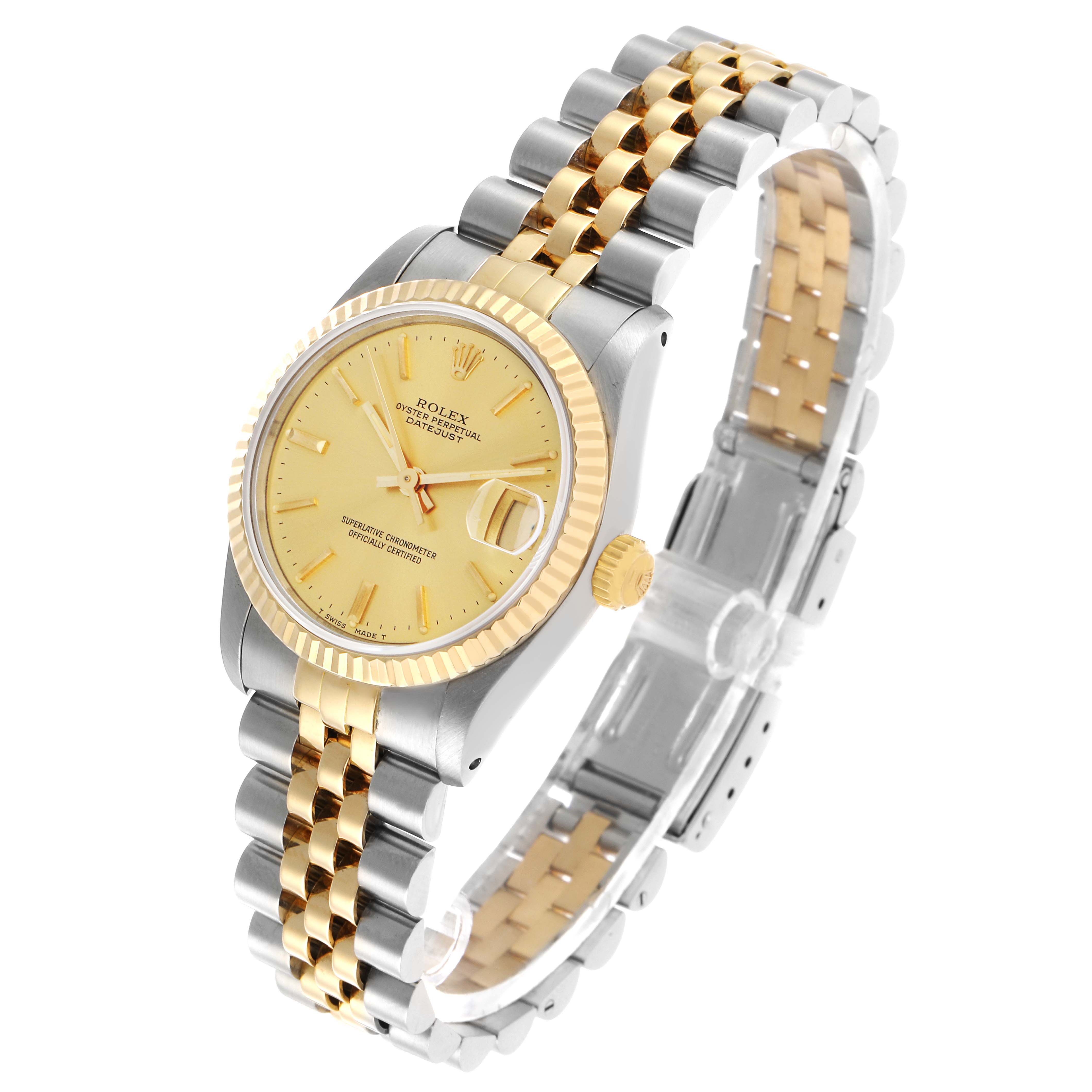 The Rolex Mid-Size 68273 Women's Steel and Gold (two tone) Champagne Dial watch is shown at a three-quarter angle, highlighting the gold and silver Jubilee bracelet, fluted bezel, and crown.