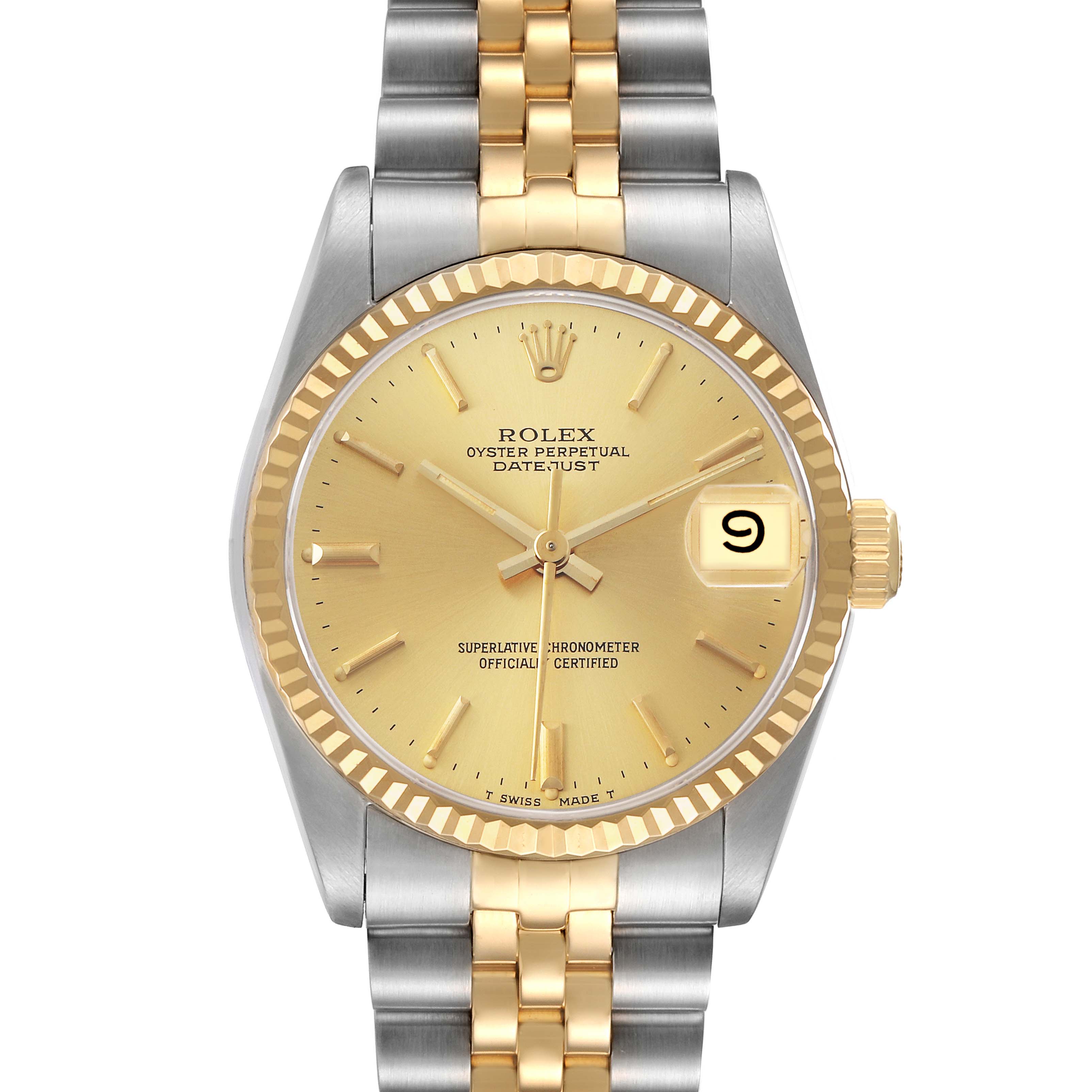 The Rolex Mid-Size 68273 Women's Steel and Gold (two tone) Champagne Dial Datejust is shown from the front, displaying its dial, bezel, and two-tone bracelet.