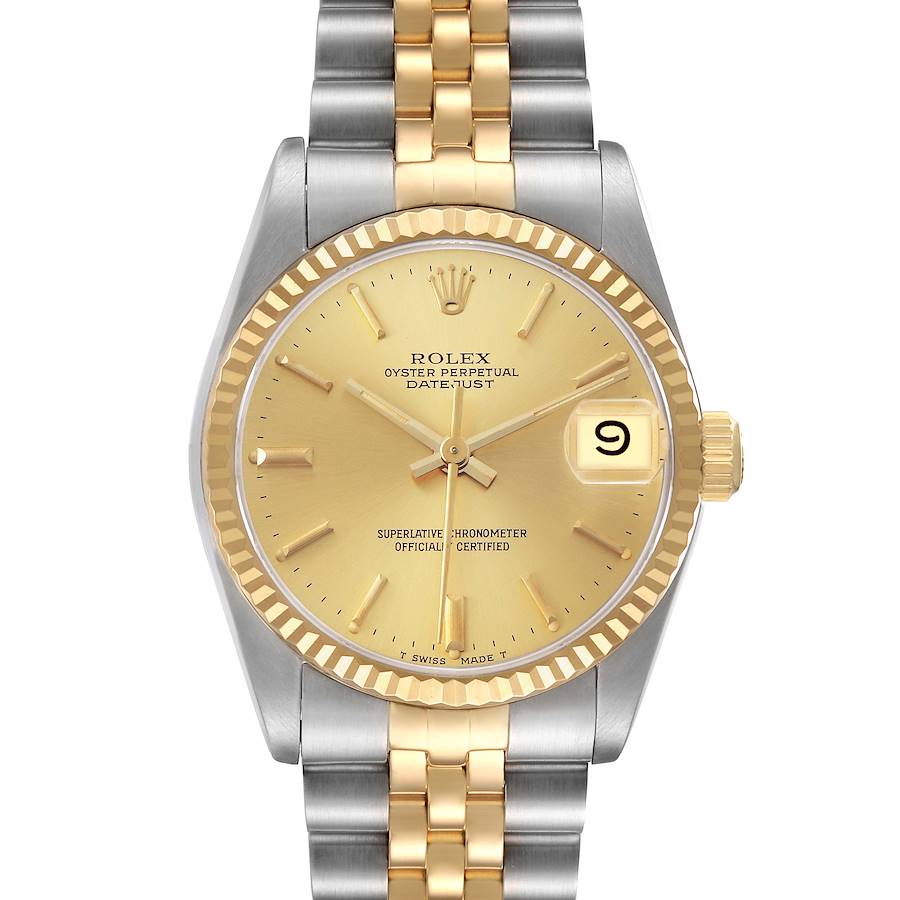The Rolex Mid-Size 68273 Women's Steel and Gold (two tone) Champagne Dial Datejust is shown from the front, displaying its dial, bezel, and two-tone bracelet.