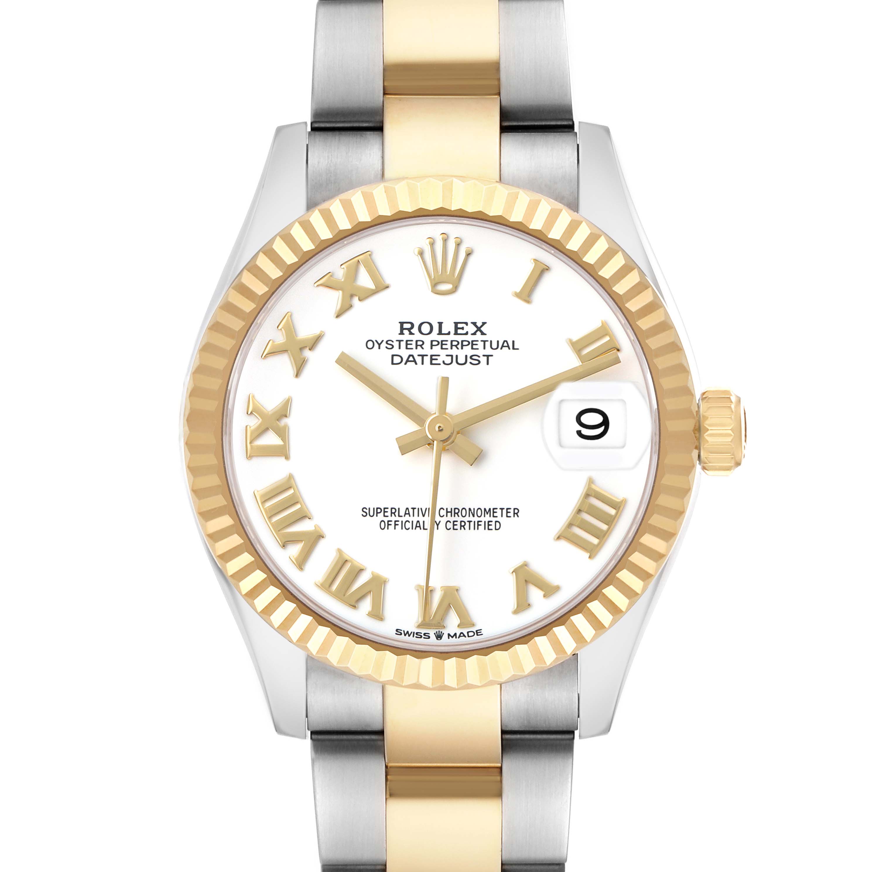 The Rolex Mid-Size 278273 Women's Steel and Gold (two tone) White Dial Datejust watch is shown from a front angle, highlighting its dial, bezel, and part of the bracelet.