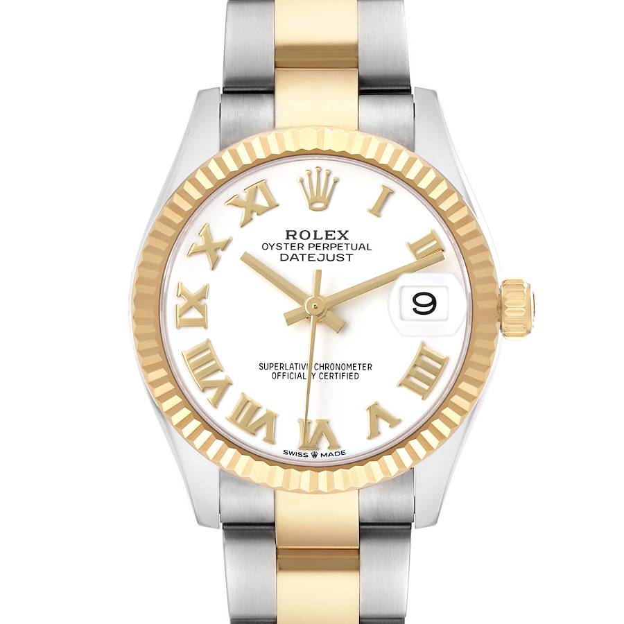 The Rolex Mid-Size 278273 Women's Steel and Gold (two tone) White Dial Datejust watch is shown from a front angle, highlighting its dial, bezel, and part of the bracelet.