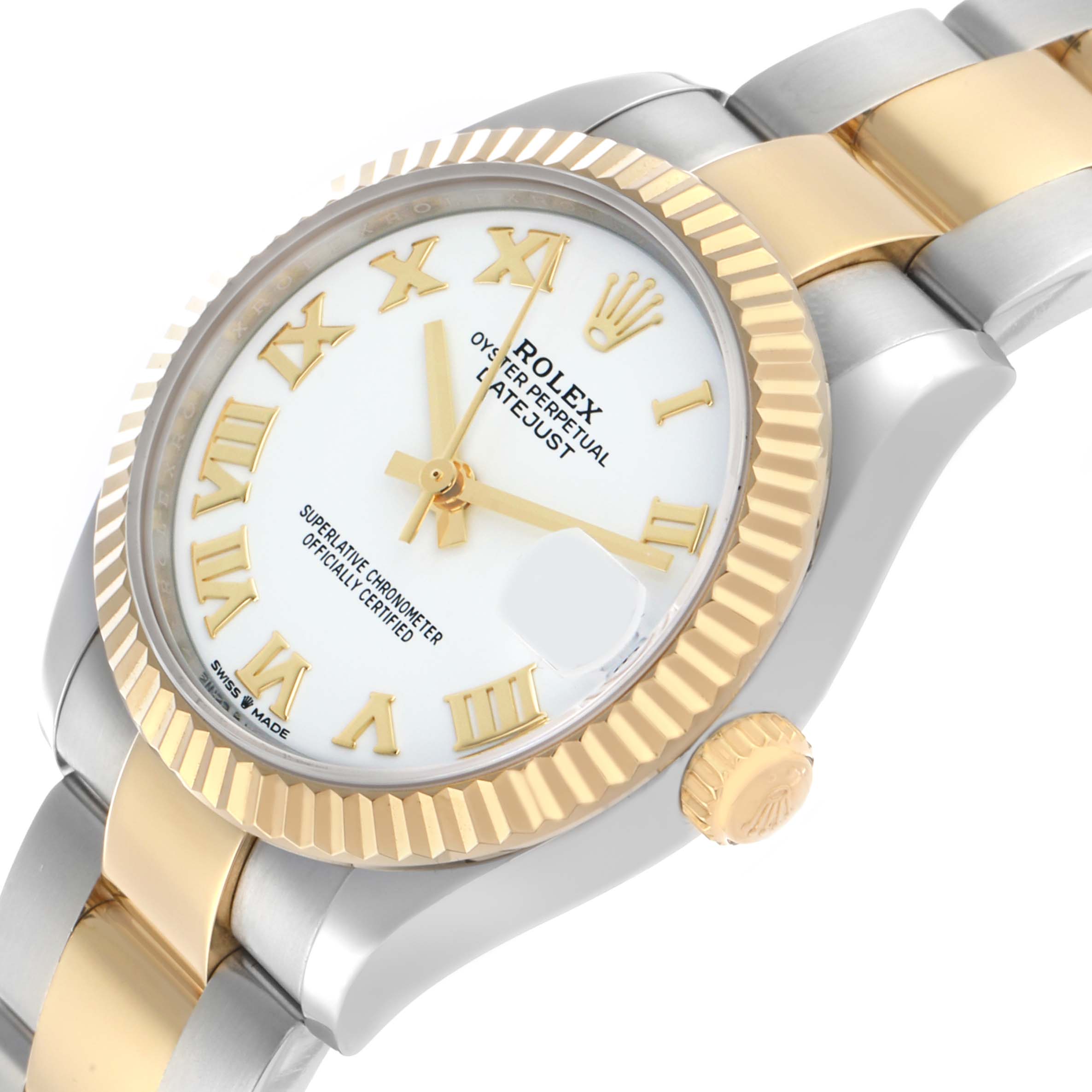 The Rolex Mid-Size 278273 Women's Steel and Gold (two tone) White Dial watch is shown at an oblique angle, highlighting the face, bezel, crown, and part of the bracelet.