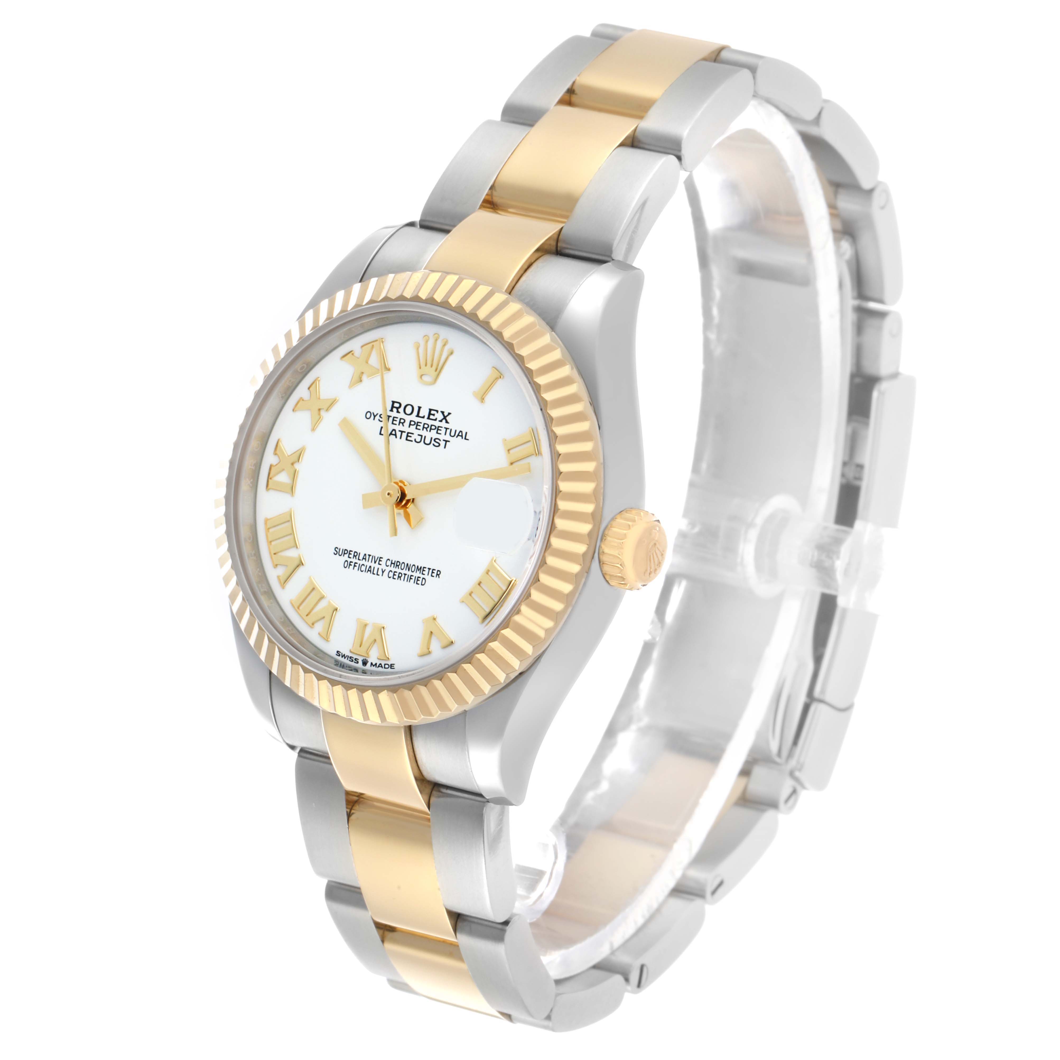 The Rolex Datejust Mid-Size watch is shown at a three-quarter angle, highlighting the bezel, dial, and bracelet.