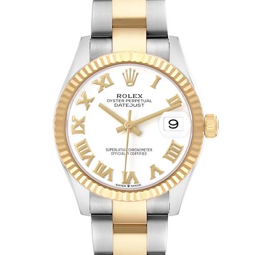 The Rolex Datejust Mid-Size is shown from the front, displaying the dial, bezel, and part of the bracelet.