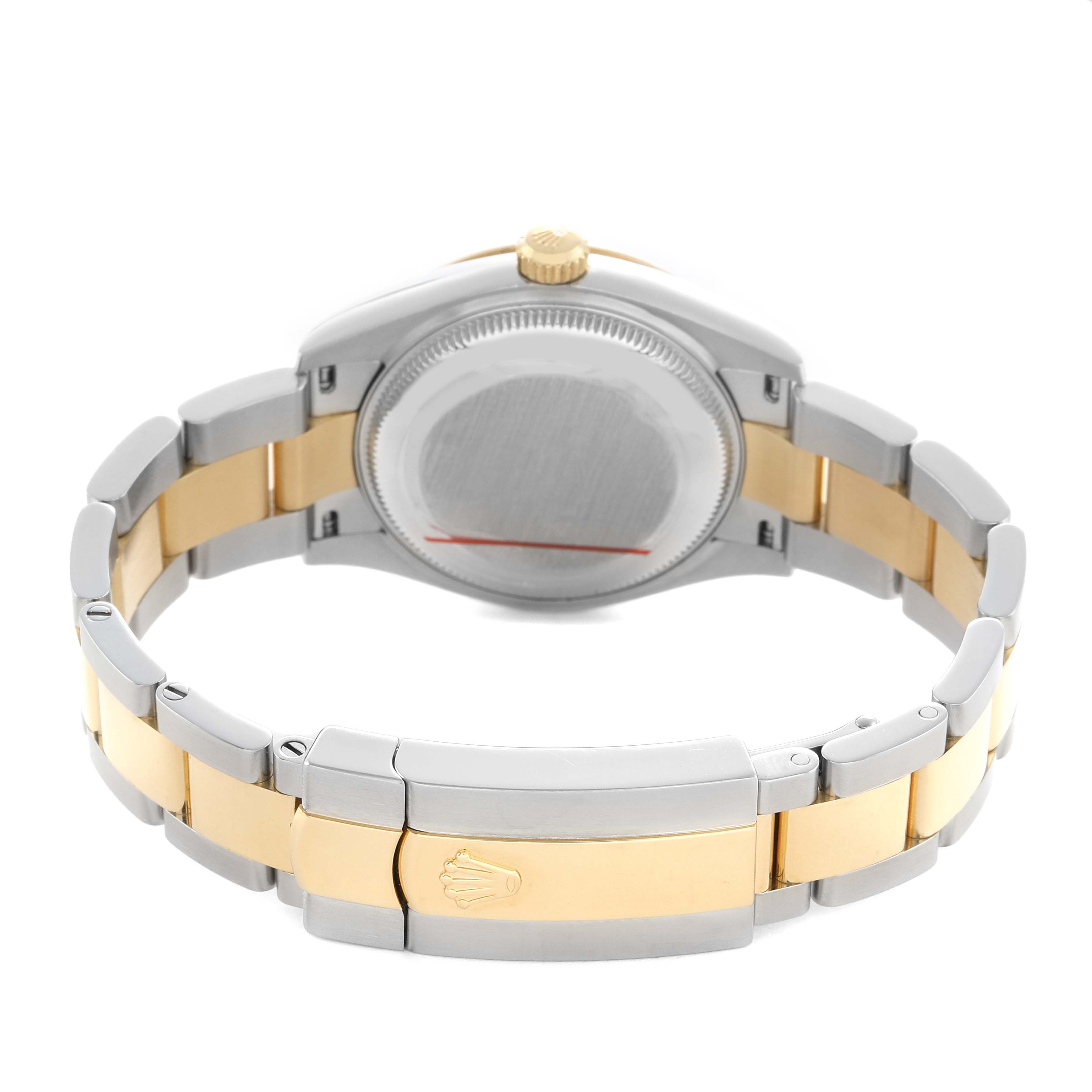 The image shows the back view of the Rolex Mid-Size 278273 Women's Steel and Gold (two tone) White Dial watch, highlighting its case back and dual-tone bracelet.