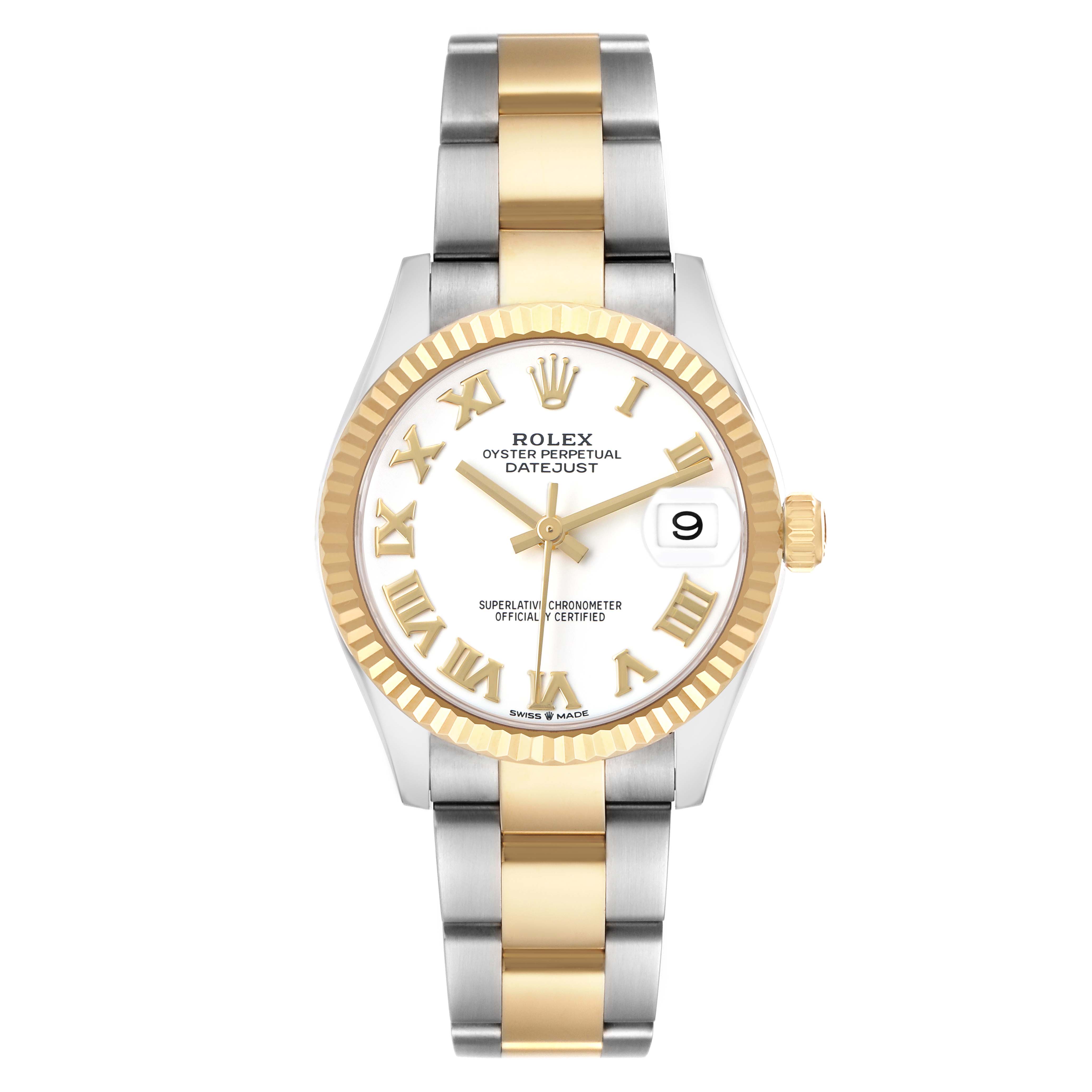 The Rolex Datejust Mid-Size watch is shown from the front, displaying the face, bezel, and bracelet.