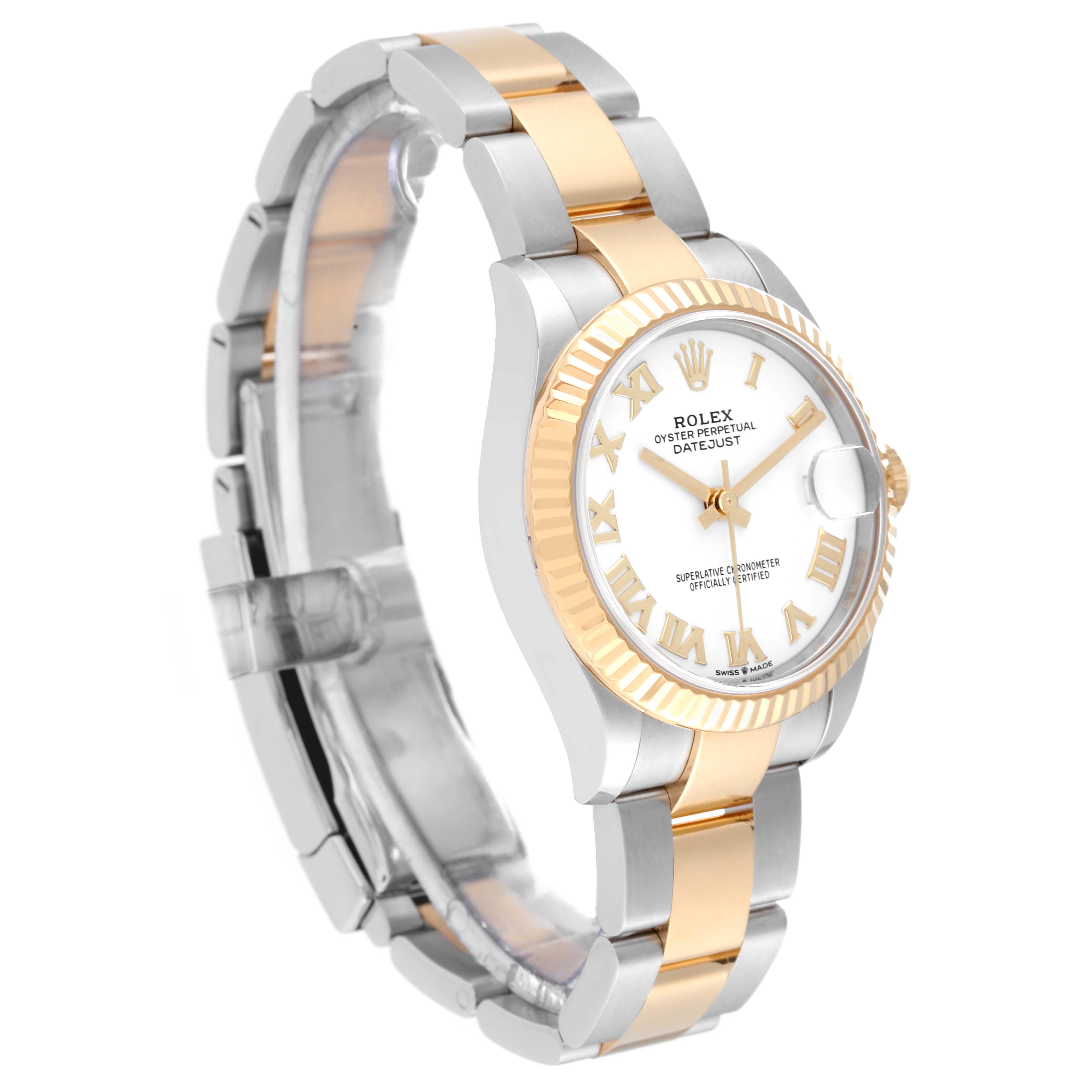 The Rolex Mid-Size 278273 Women
s Steel and Gold (two tone) White Dial 278273 Women
s Steel and Gold (two tone) White Dial watch is shown at a slight angle, highlighting its two-tone bracelet, fluted bezel, and white dial with Roman numerals.
