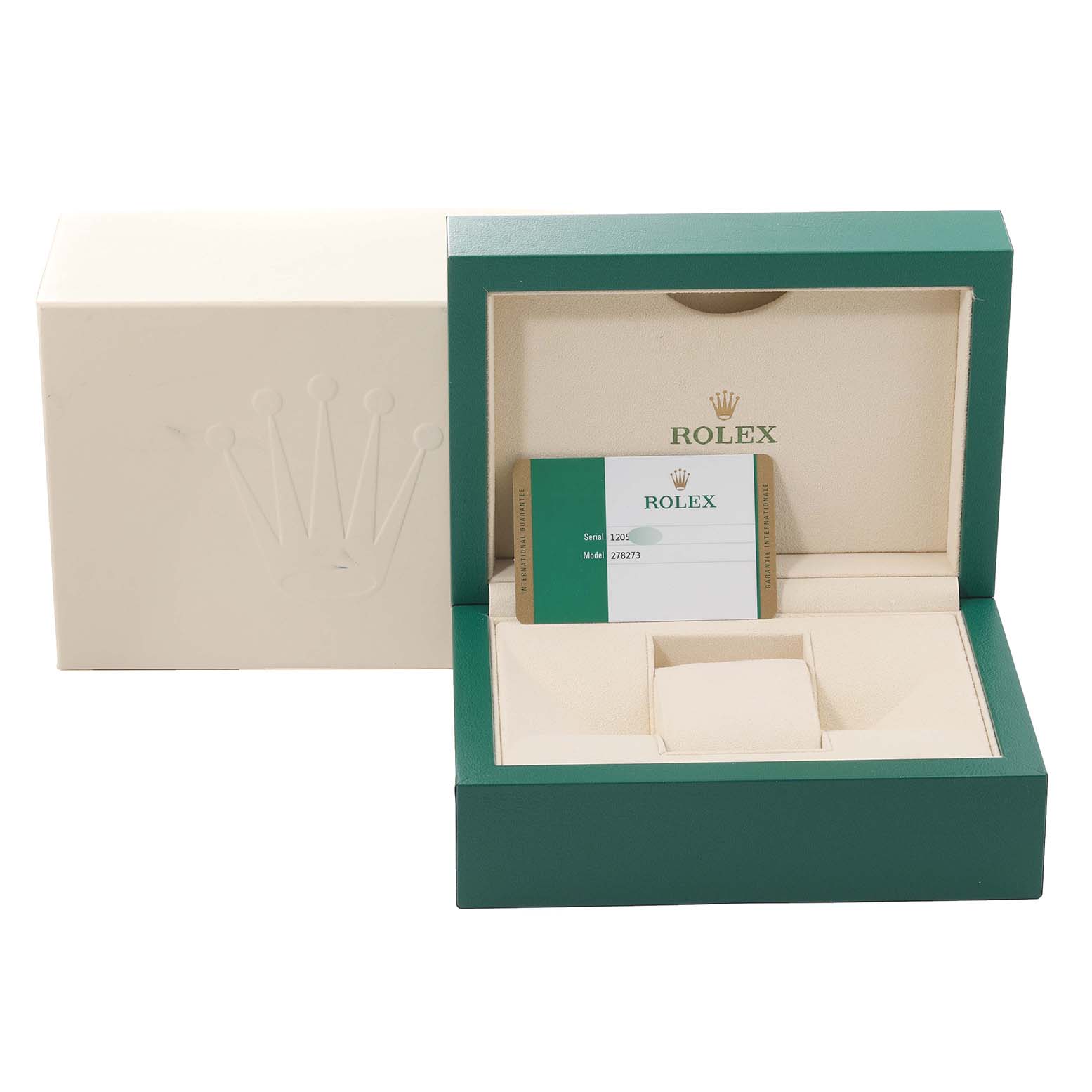 This image shows an open Rolex Mid-Size 278273 Women
s Steel and Gold (two tone) White Dial 278273 Women
s Steel and Gold (two tone) White Dial watch box and an Best Quality
ity card placed inside.