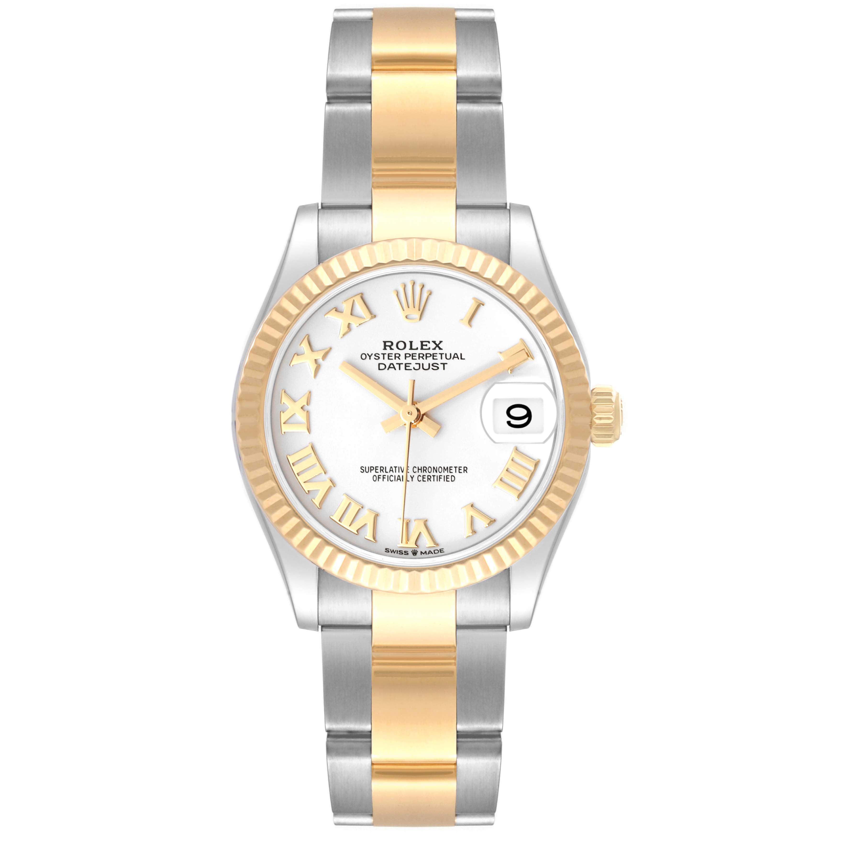 The image shows a front view of the Rolex Mid-Size 278273 Women
s Steel and Gold (two tone) White Dial 278273 Women
s Steel and Gold (two tone) White Dial Oyster Perpetual Datejust watch, highlighting its two-tone bracelet and white dial with gold Roman numerals.
