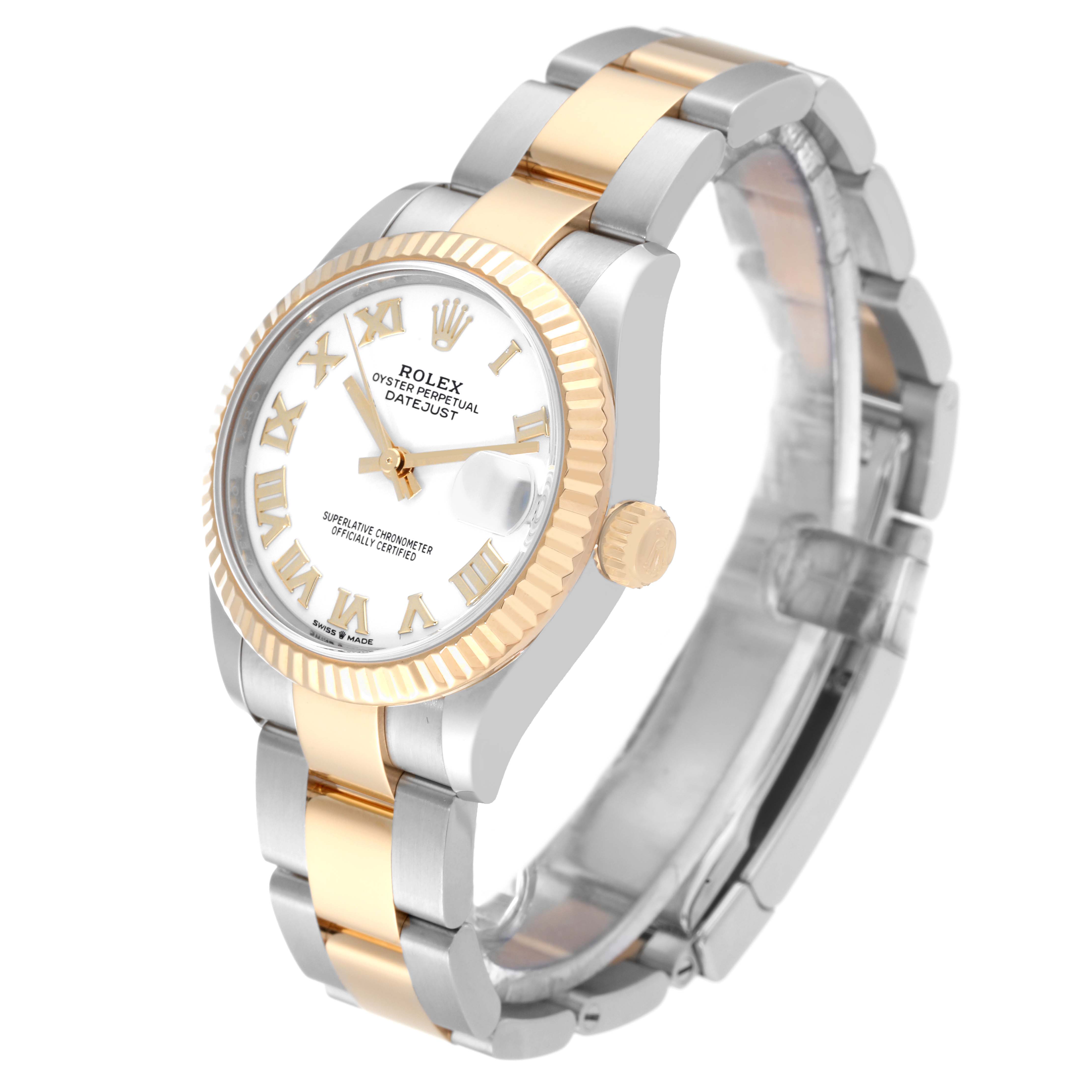 This image shows a Mid-Size Rolex Datejust watch at a three-quarter angle, highlighting its dial, bezel, crown, and bracelet.