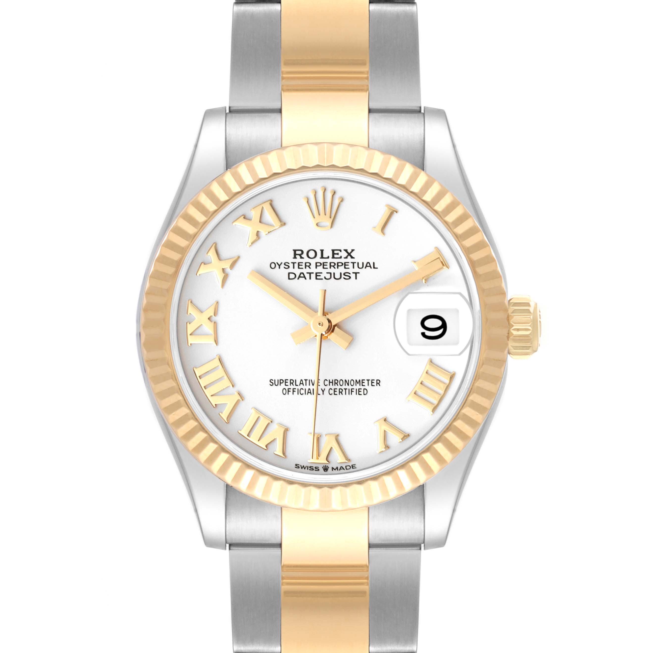 The image shows a front view of a Rolex Datejust Mid-Size watch, displaying the dial, bezel, and bracelet.