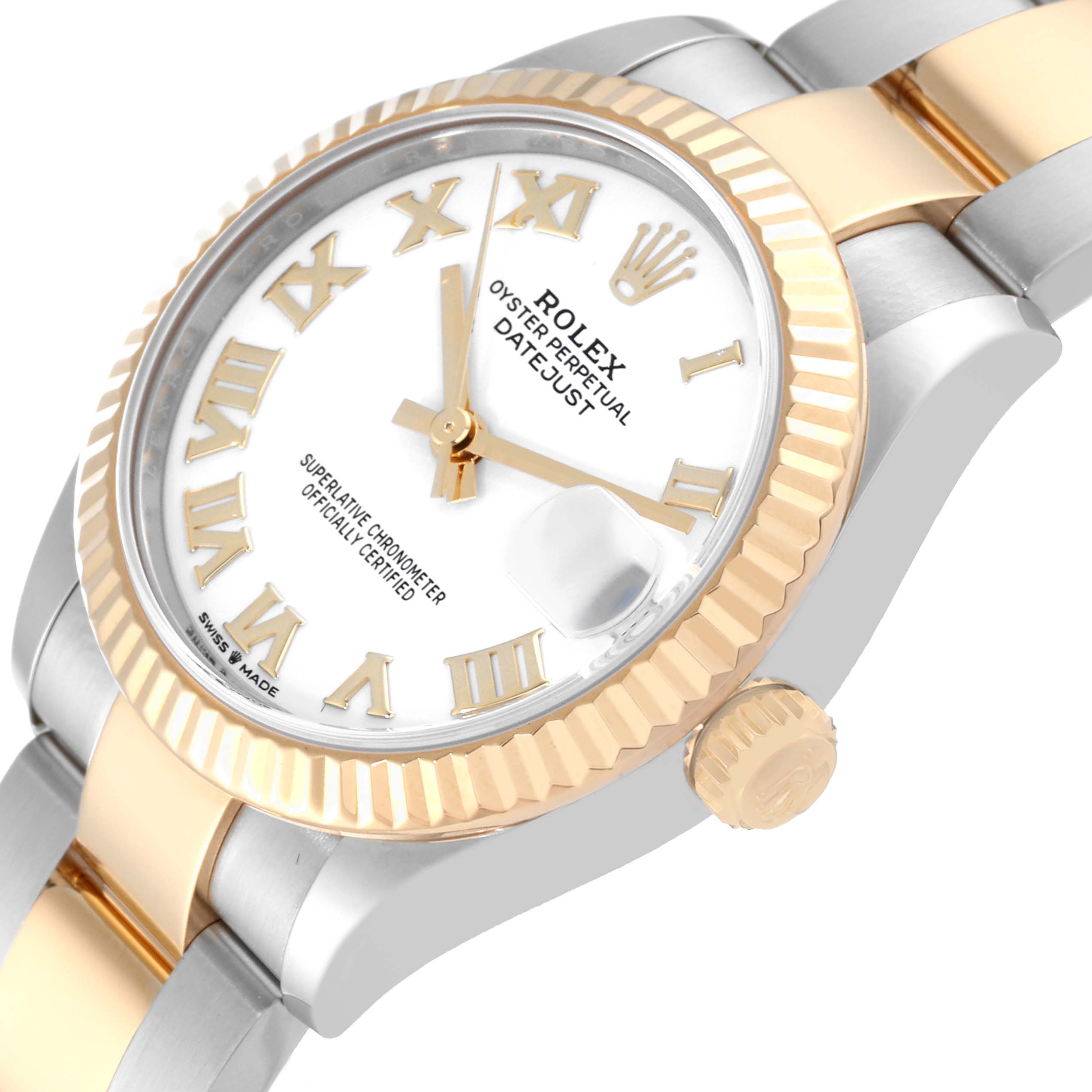 The image shows a Rolex Datejust Mid-Size watch from an angled close-up view, highlighting the face, bezel, and part of the bracelet.