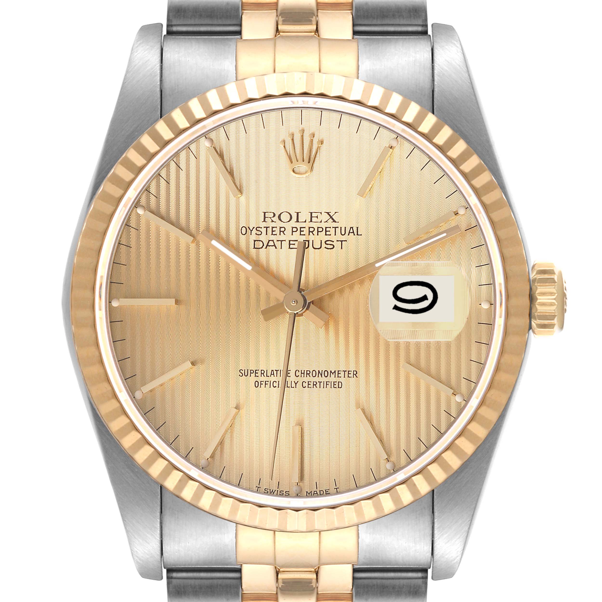 This image shows a front view of a Rolex Datejust 16233 Men's Steel and Gold (two tone) Champagne Dial 16233 Men's Steel and Gold (two tone) Champagne Dial watch, highlighting its dial, bezel, bracelet, and date window.