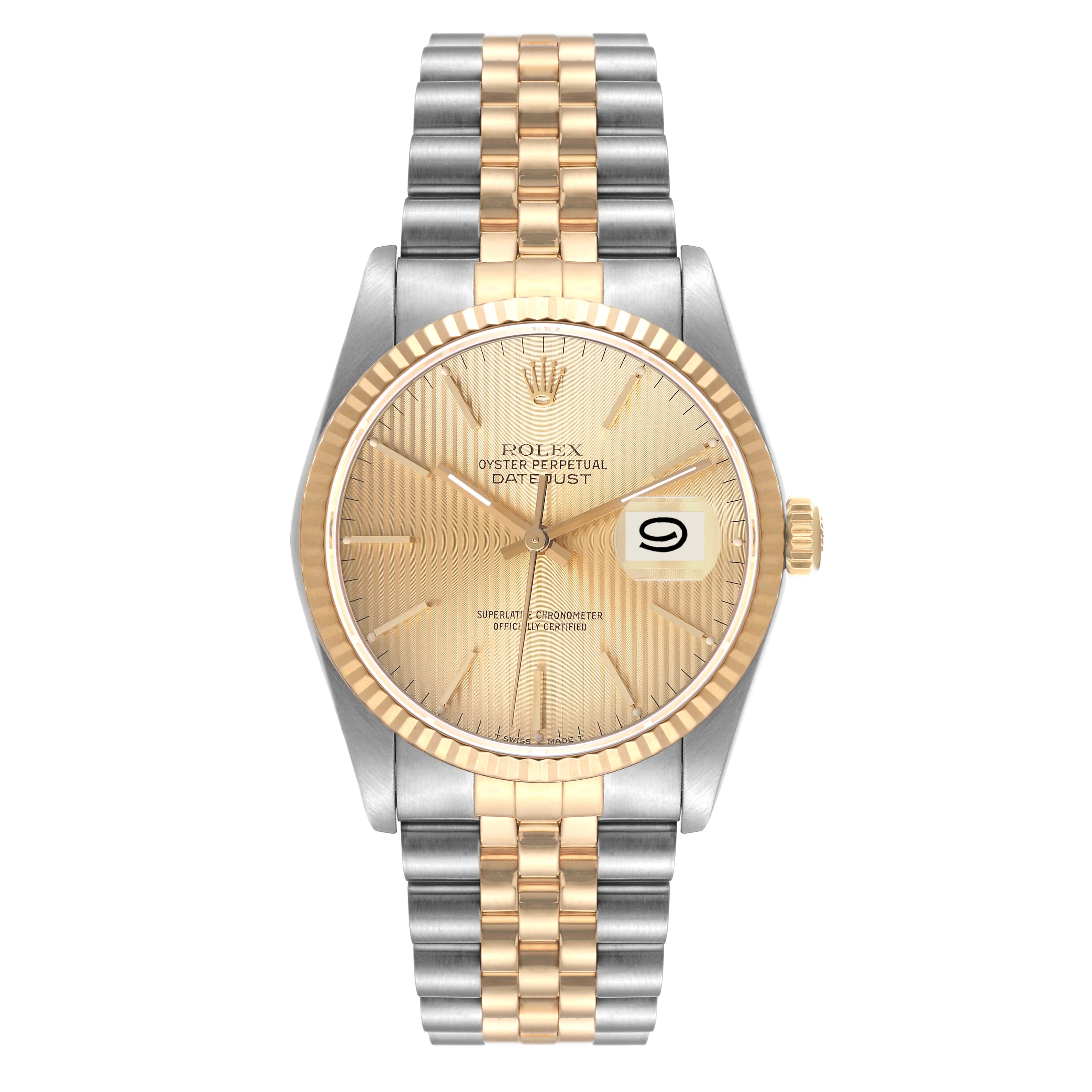 The image shows a Rolex Datejust 16233 Men's Steel and Gold (two tone) Champagne Dial 16233 Men's Steel and Gold (two tone) Champagne Dial watch directly from the front, highlighting its dial, bezel, crown, and Jubilee bracelet.