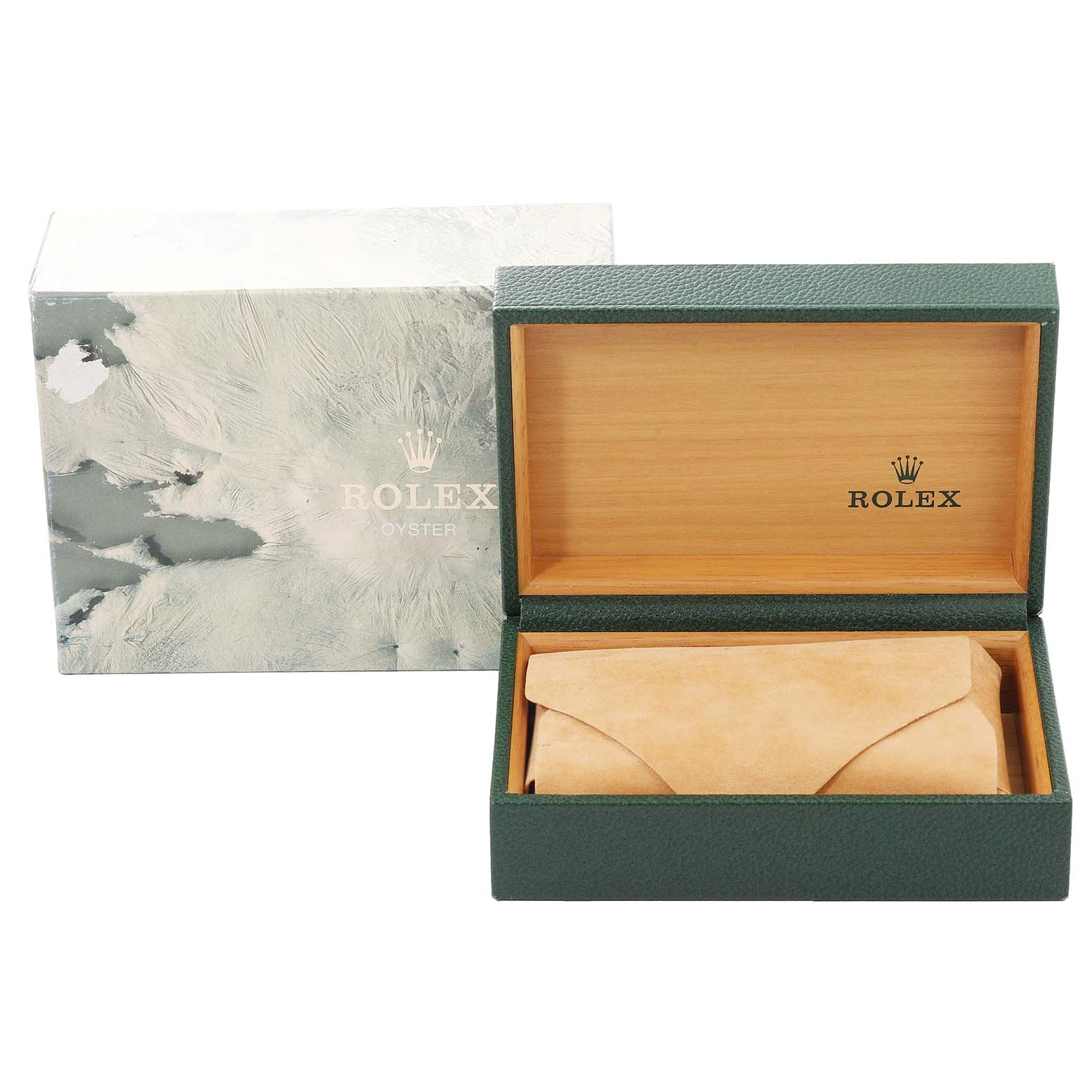 This image shows an open Rolex Datejust 16233 Men's Steel and Gold (two tone) Champagne Dial 16233 Men's Steel and Gold (two tone) Champagne Dial watch box and a protective case, along with the outer packaging.