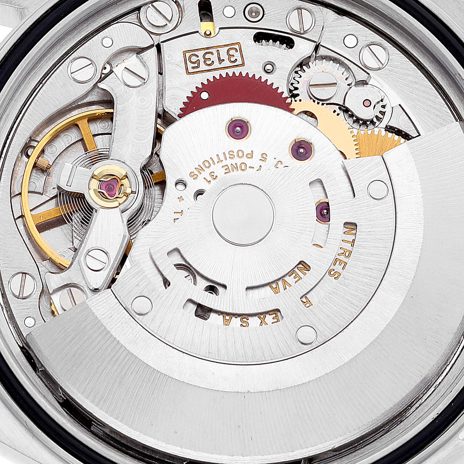 The image shows an internal, close-up view of the movement mechanism of a Rolex Datejust 16233 Men's Steel and Gold (two tone) Champagne Dial 16233 Men's Steel and Gold (two tone) Champagne Dial watch.