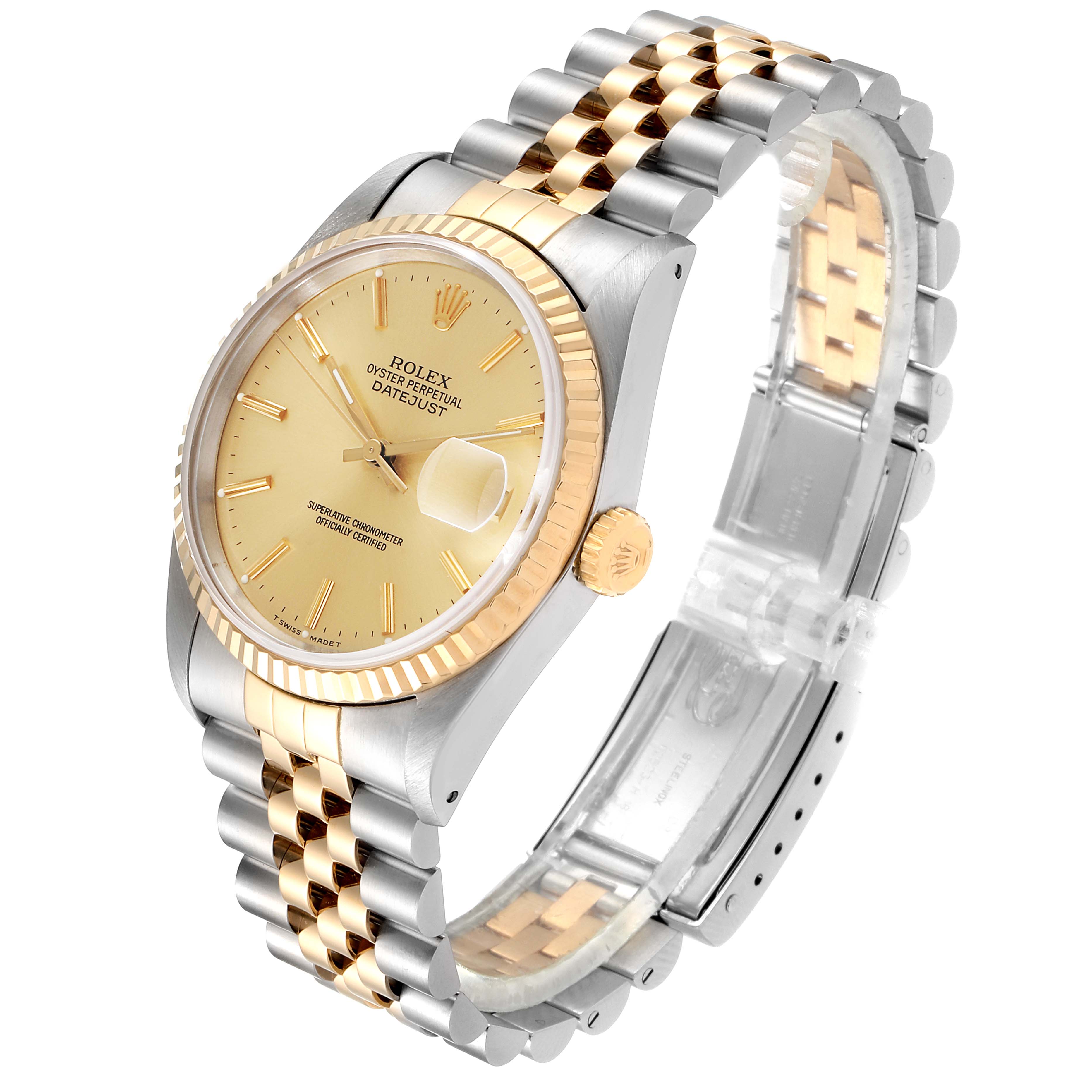 The image shows a Rolex Datejust 16233 Men's Steel and Gold (two tone) Champagne Dial 16233 Men's Steel and Gold (two tone) Champagne Dial watch at an angled view, highlighting the face, fluted bezel, and two-tone jubilee bracelet.
