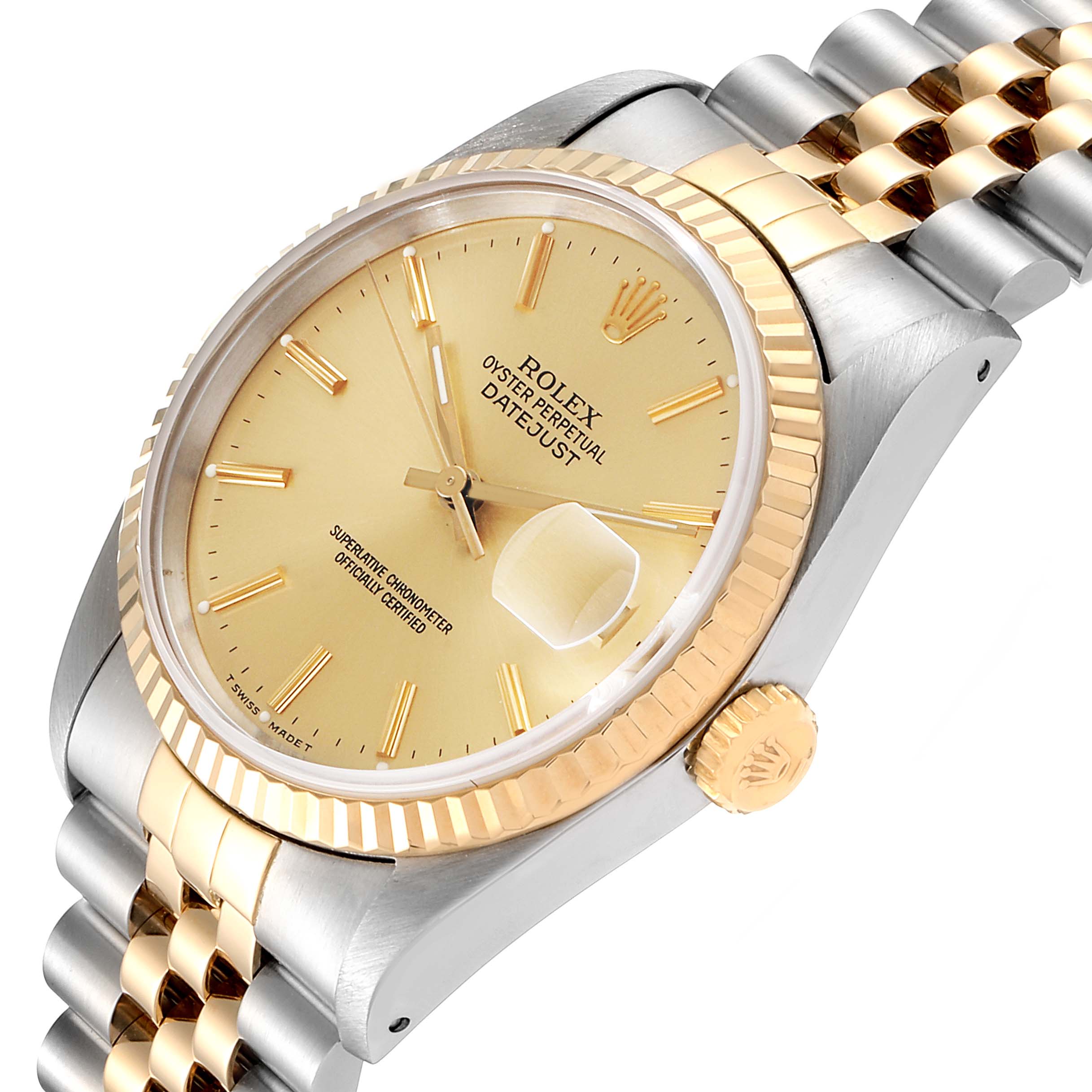 This Rolex Datejust 16233 Men's Steel and Gold (two tone) Champagne Dial 16233 Men's Steel and Gold (two tone) Champagne Dial watch is shown at a slight angle, displaying its face, bezel, crown, and part of the bracelet.
