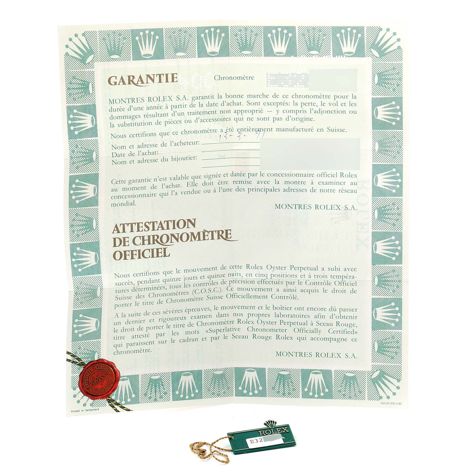 The image shows the warranty card and certificate for a Rolex Datejust 16233 Men's Steel and Gold (two tone) Champagne Dial 16233 Men's Steel and Gold (two tone) Champagne Dial, along with a Rolex tag attached with a string.